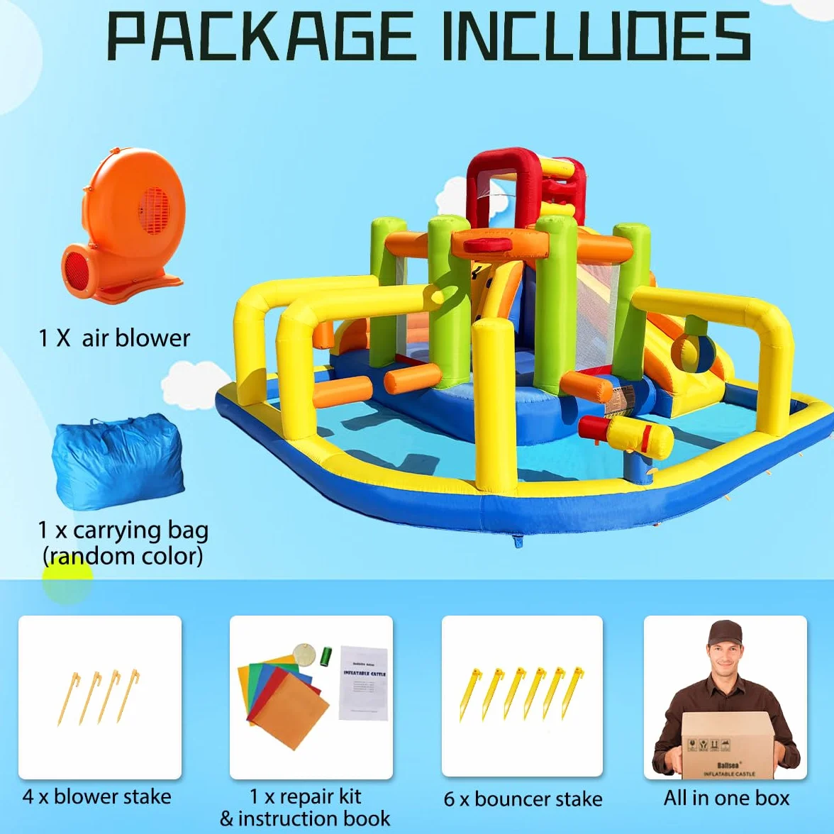 Baralir Castillo Hinchable XXL con tobogán acuático y soplador – Ideal para jardín, casa de Juegos niños al Aire Libre, Experiencia Segura en el Patio de recreo