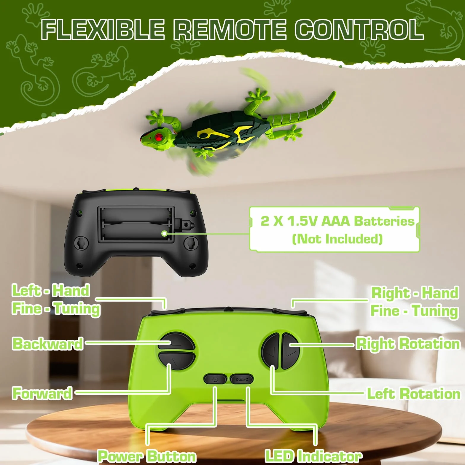 Gecko Trepador Lagartija Teledirigida con Ojos LED Juguete Robot Control Remoto de Pared USB para Niños 3-9 años