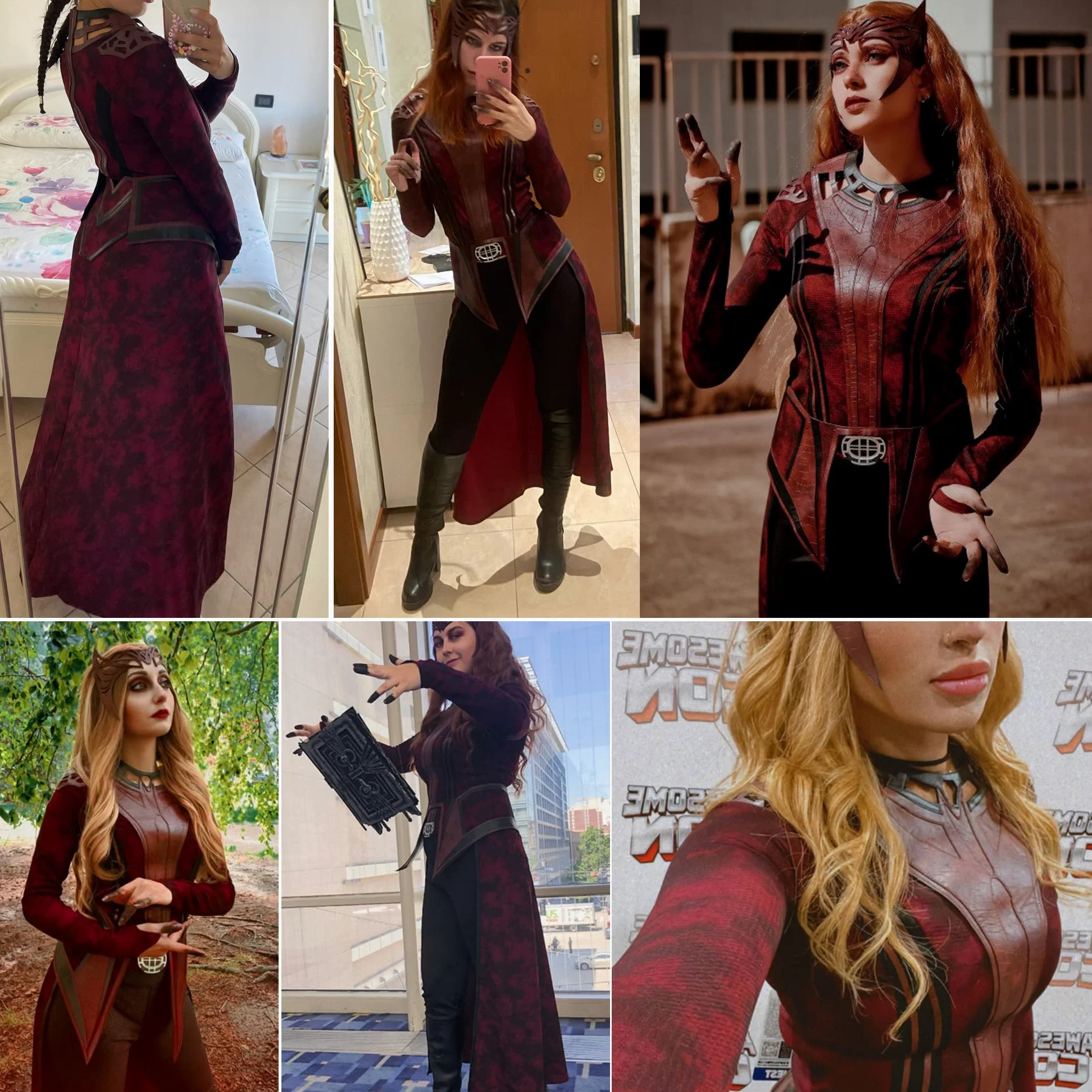 SINSEN Disfraz de bruja escarlata para mujer, disfraz de Wanda Maximoff, disfraz de cosplay con capucha, capa, chaqueta, pantalones, traje para la cabeza, fiesta de Halloween, conjunto completo