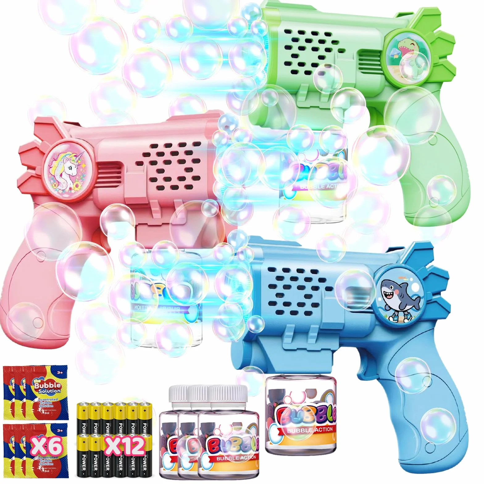 Tecnock Pack de 3 Pistolas de Burbujas Automáticas para Niños, 12 Pilas AA Incluidas, 3 Botellas de Solución y 5 Recargas, Ligeras, Antiderrames, Regalo de Cumpleaños y Detalles para Fiestas