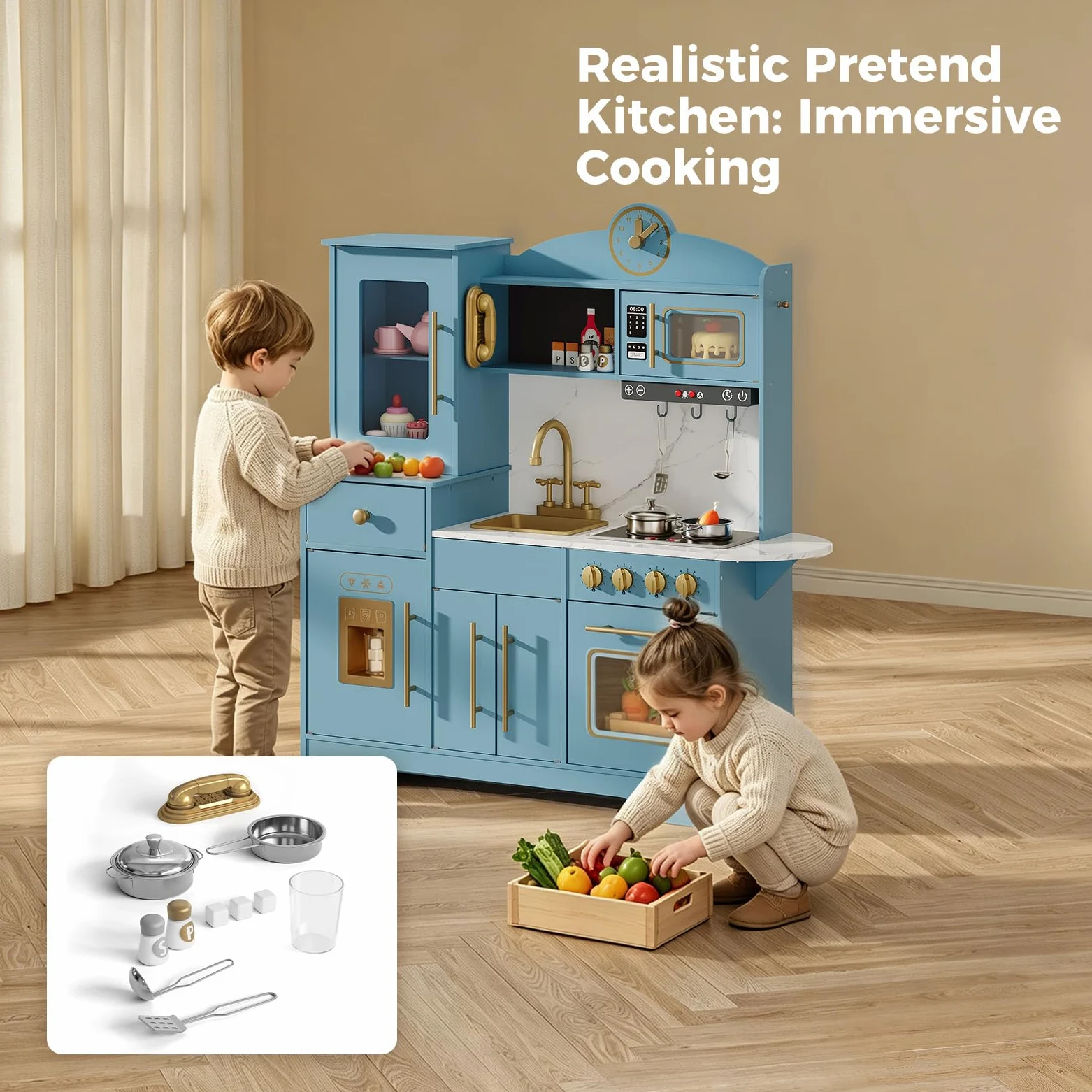 Cocina Juguete para Niños, Cocinita Infantil con Sonido Fogón Grifo Fregadero Microondas Reloj Máquina de Hielo y Accesorios de Cocina, Cocinita de Madera Infantil y 3 Años +, Educativo Imitación