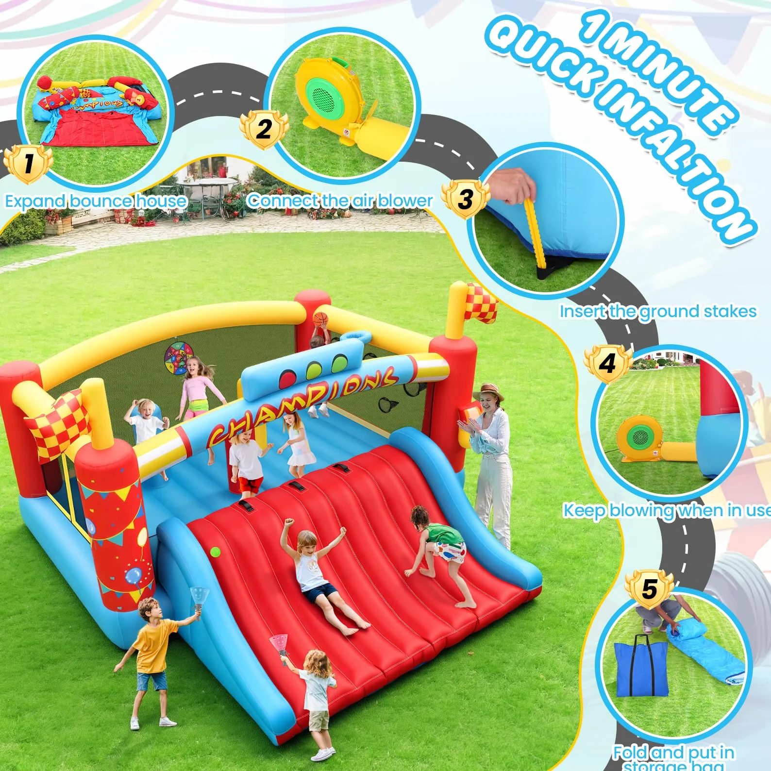 AKEYDIY Gran Casa de Rebote Inflable para Niños Grandes, Casa Hinchable con Tobogán Extra Ancho/Temas de Carreras de Escalada para Centro de Juego - Obstáculos de Patio Trasero, Castillo Hinchable
