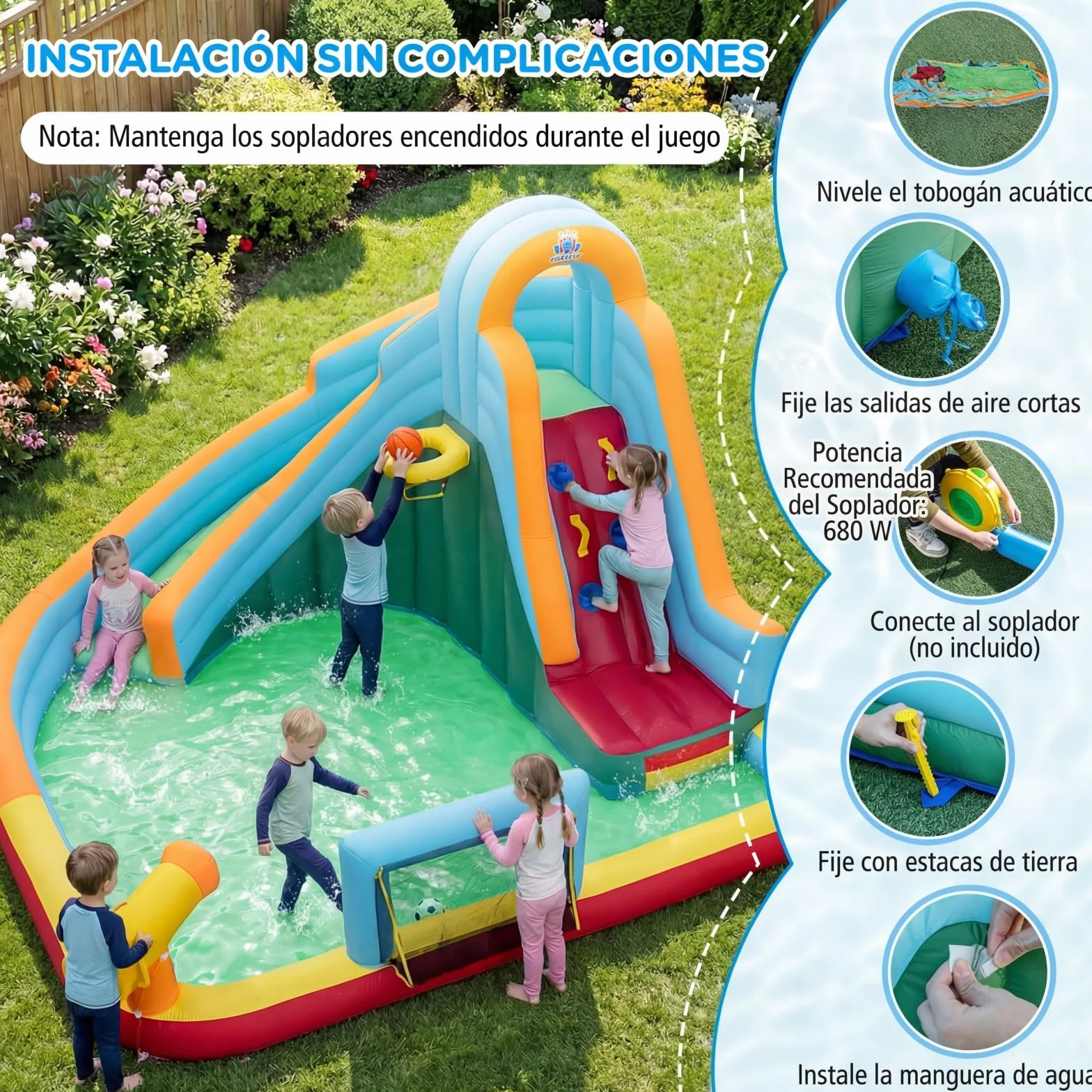 COSTWAY Castillo Hinchable Niños con Tobogán AcuáTico, Parque Infantil Inflable con Bolas Oceánicas, Fútbol, Baloncesto, Muro de Escalada, Aro, Portería y Cañón de Agua para 3 a 12 Años (Sin Soplador)