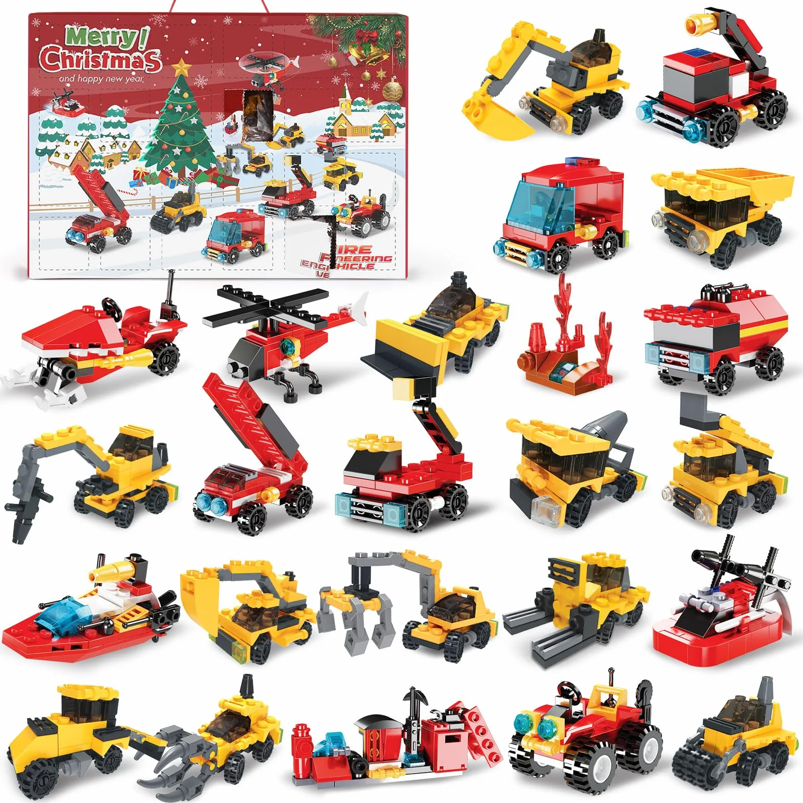 Calendario Adviento Niños 24 piezas Bloques de construcción de camiones de bomberos e ingeniería Juguetes para niños Calendario de Adviento 24 días Regalos para Niñas