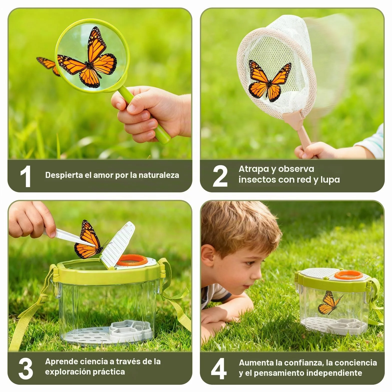 Dreamon 17PCS Carretilla Niño Set Jardinería y Exploración | Herramientas Jardinería Infantil + Kit Explorador Niños con Caja Insectos, Red, Lupa | Juguetes Jardín Educativos Exterior 3+ Años