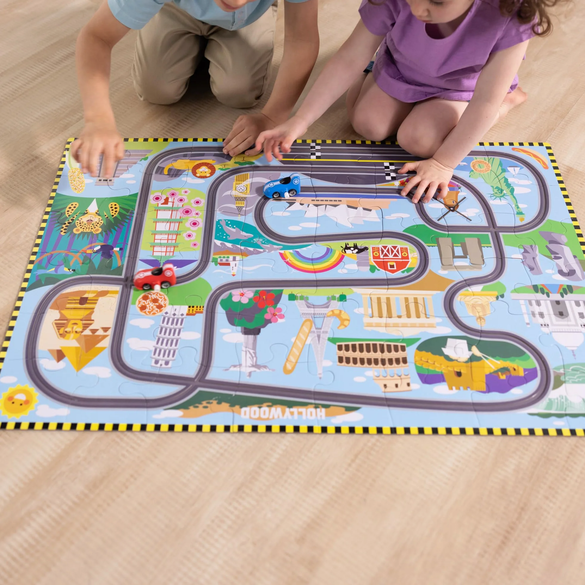 Melissa & Doug Puzzle de Piso de cartón Pistas de Carreras Alrededor del Mundo y vehículos de Cuerda – 48 Piezas, para niños y niñas a Partir de 3 años - Certificados FSC