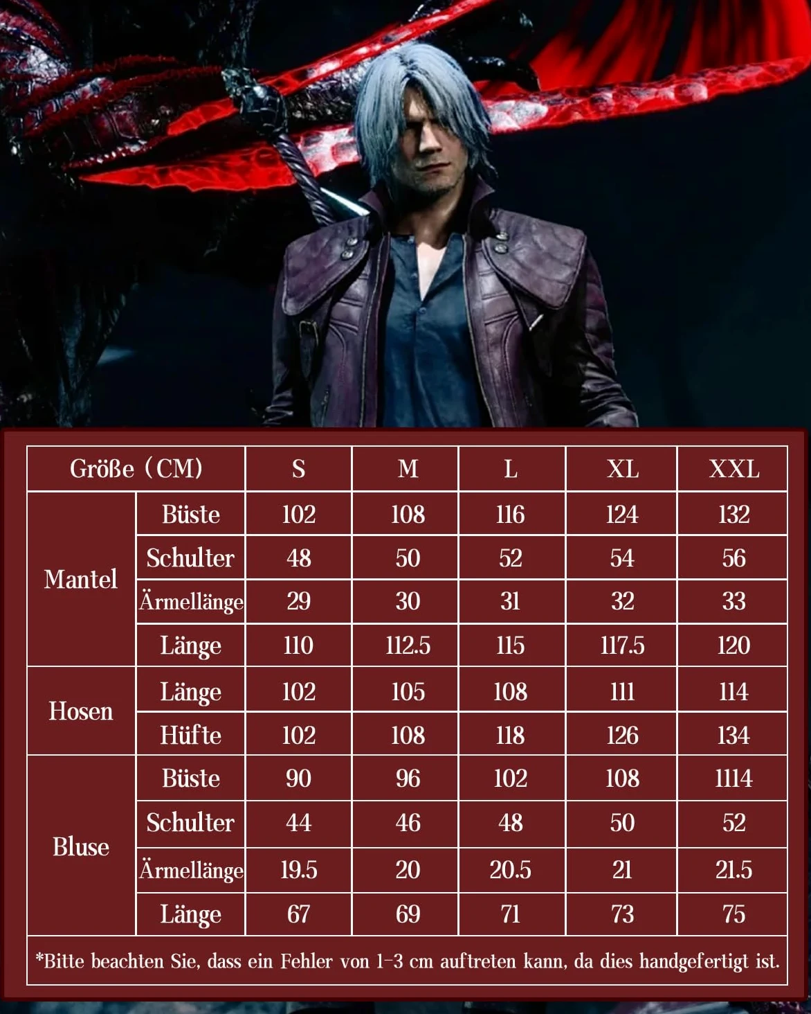 CR ROLECOS Dante Cosplay Disfraz de Diablo Rojo Abrigo Trenchcoat Chaqueta Larga Anime Cosplay Completo Set Halloween Carnaval