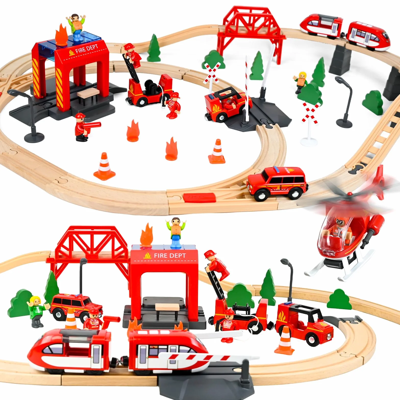 Juego de Tren de Madera para Niños, 69 Piezas, Pistas de Tren Eléctrico + Coche de Bomberos + Equipo de Rescate