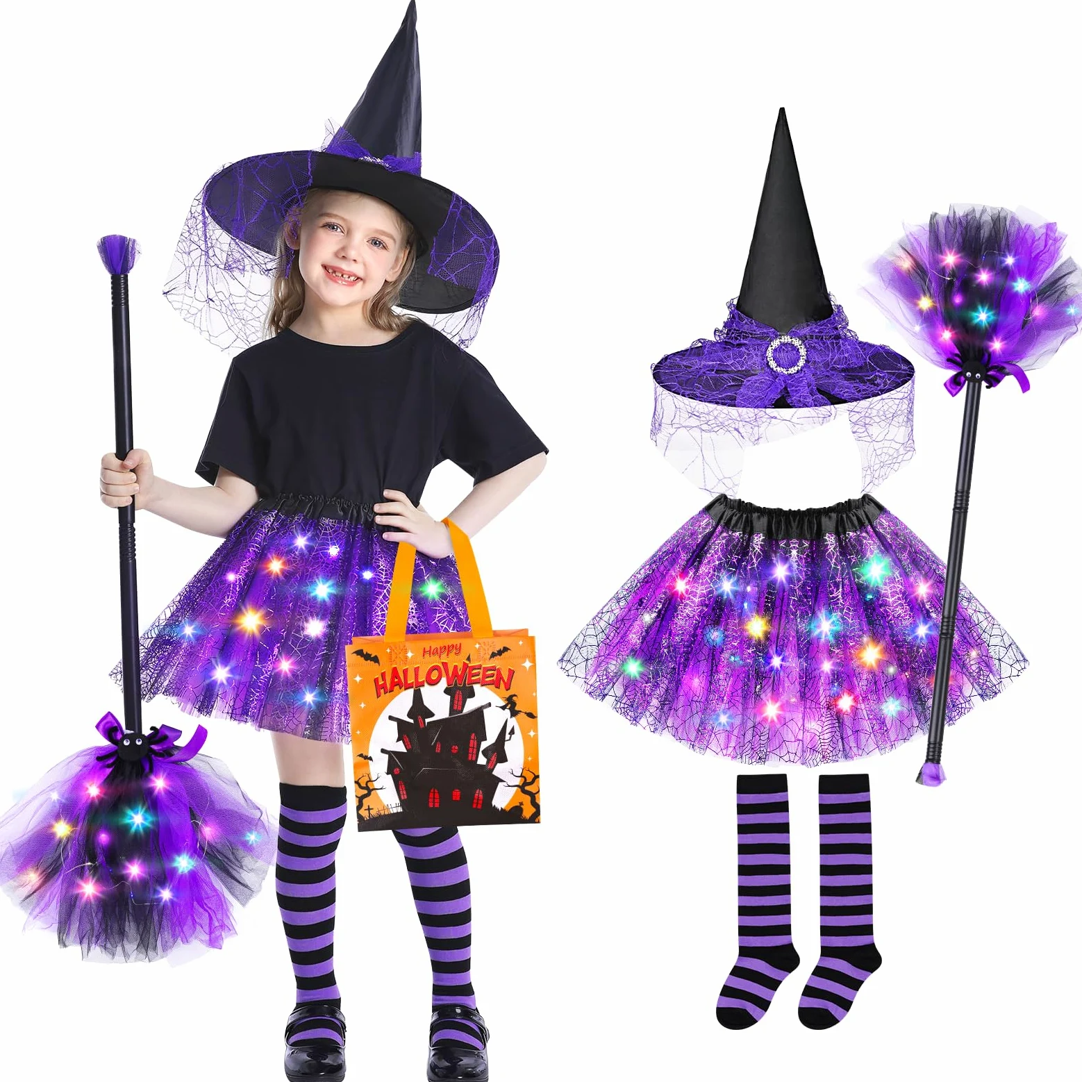 Jeowoqao Disfraz de bruja iluminado para niñas, falda de bruja, sombrero de escoba, bolsa de golosinas para niñas de 3 a 6 años
