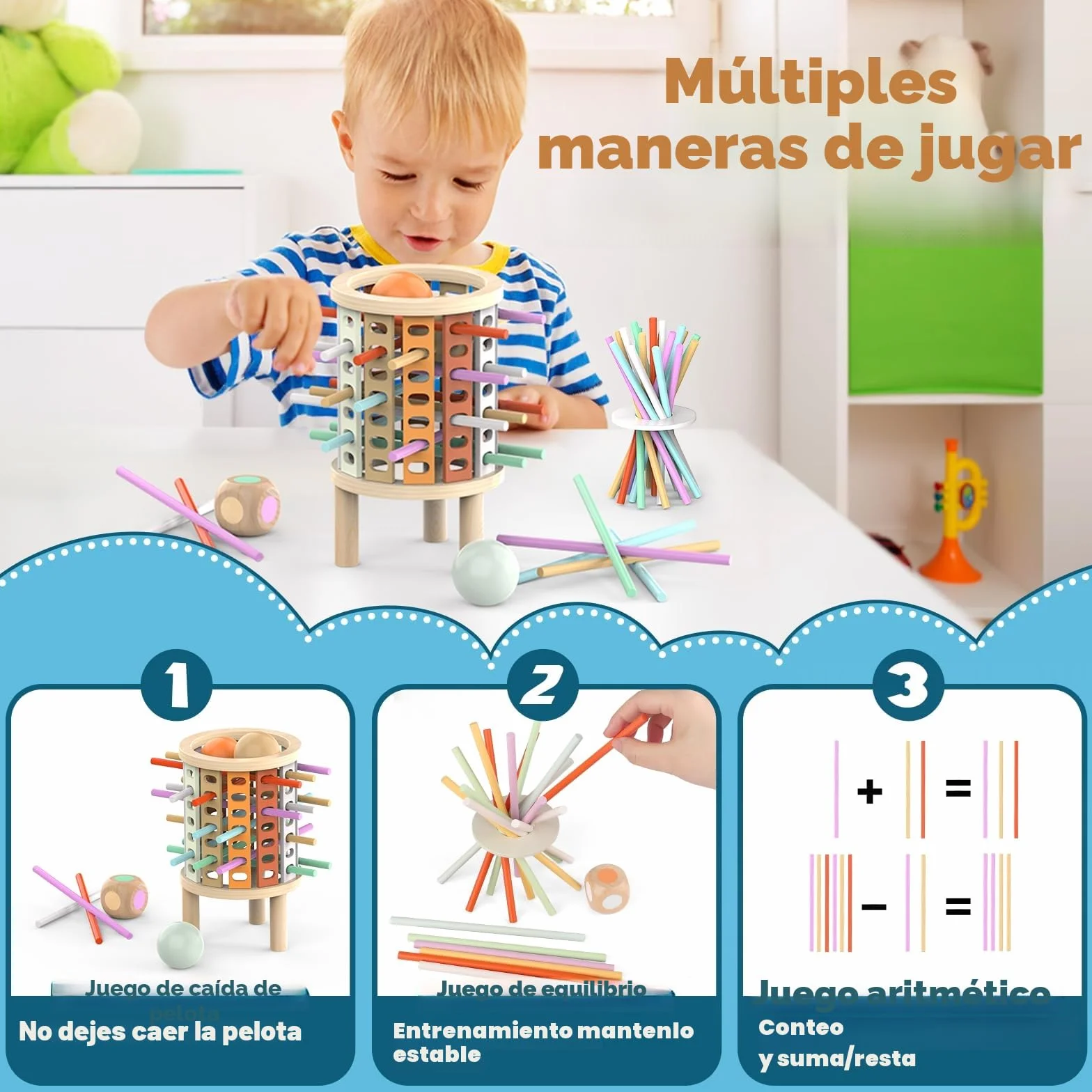 Montessori Juguetes con 28 Palitos de Coloridos Juegos de Mesa Niños Niñas 3 4 5 6 7 8 9 10 11 12 Años Regalo, Juego Educativo Familiar para Cognición y Habilidades Motoras Finas Torre de Madera