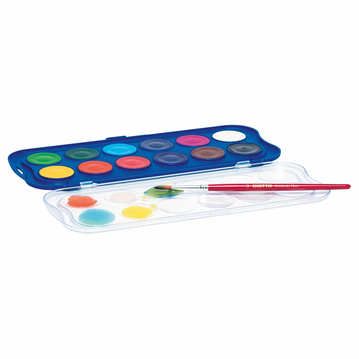 GIOTTO Aquarelli, Acuarelas, con 1 pincel incluido, diámetro pastilla 30mm, Colores Surtidos, 12 uds.