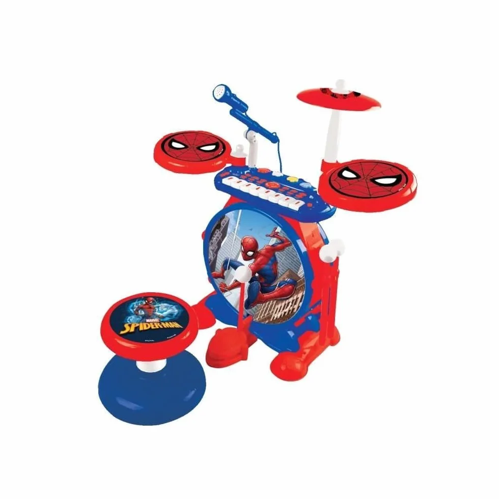 Lexibook, Spider-Man, Juego electrónico para niños, Juego Musical de Juguete, Sonido de batería Realista, Teclado de 8 Teclas, MP3 Plug, Asiento Incluido, Azul/Rojo, K610SP