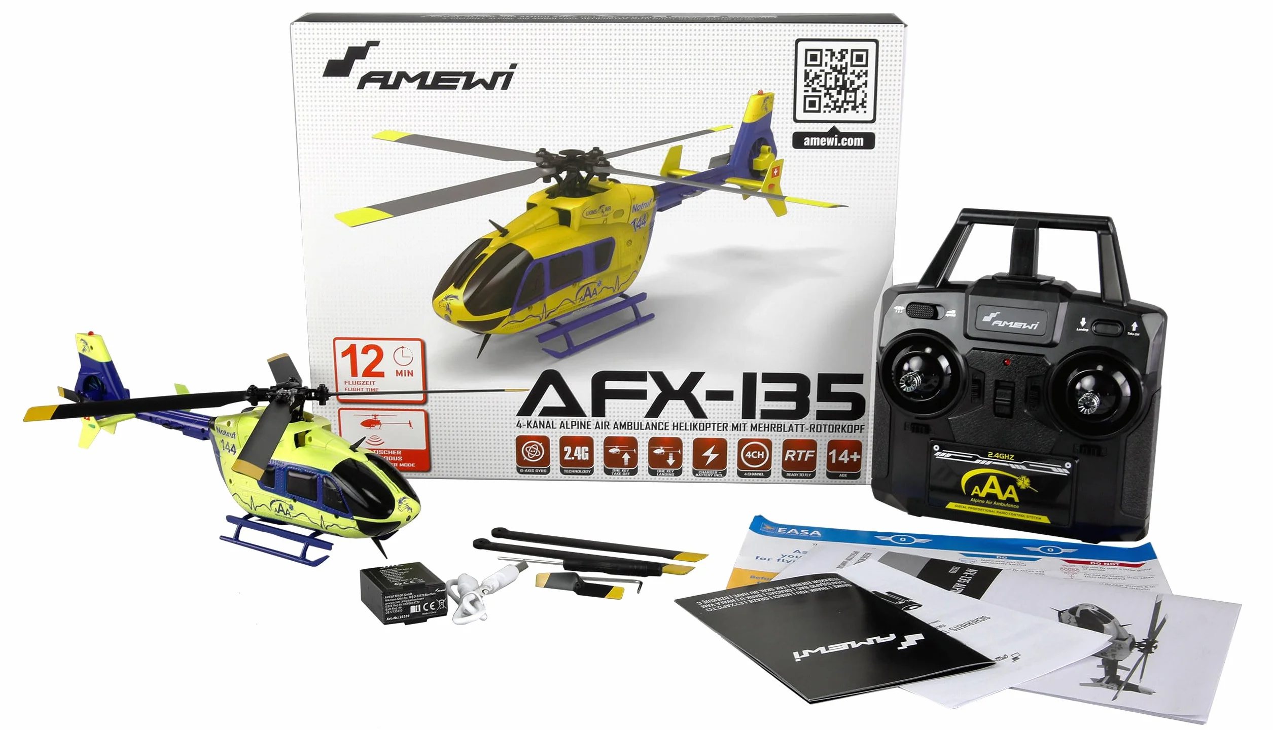 Amewi AFX-135 Alpine Air Ambulance Helicóptero de 4 Canales 6G RTF Amarillo neón Azul