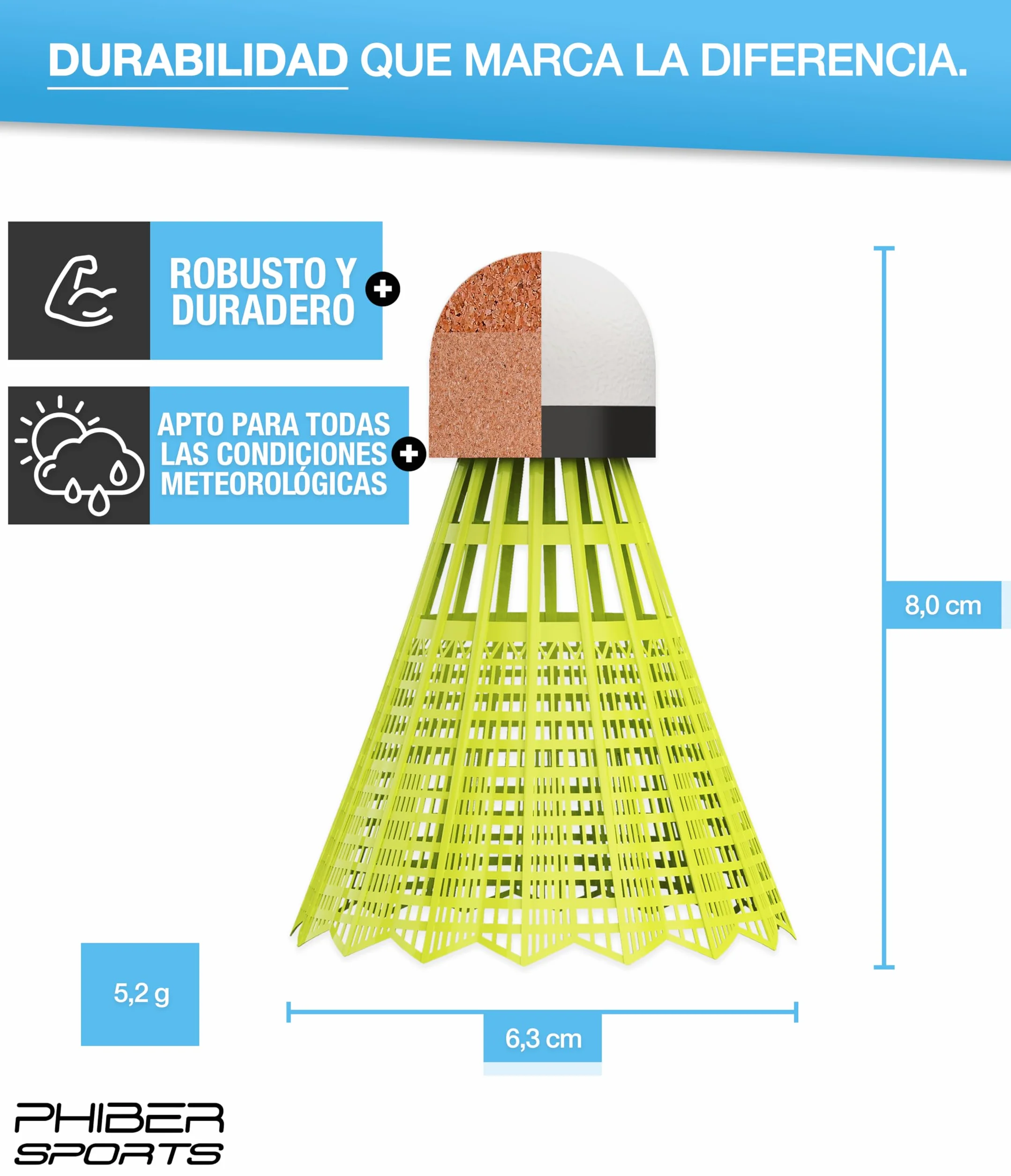 PHIBER-Sports Volantes de bádminton, Amarillo [10 Piezas], Ideal para Principiantes y Profesionales