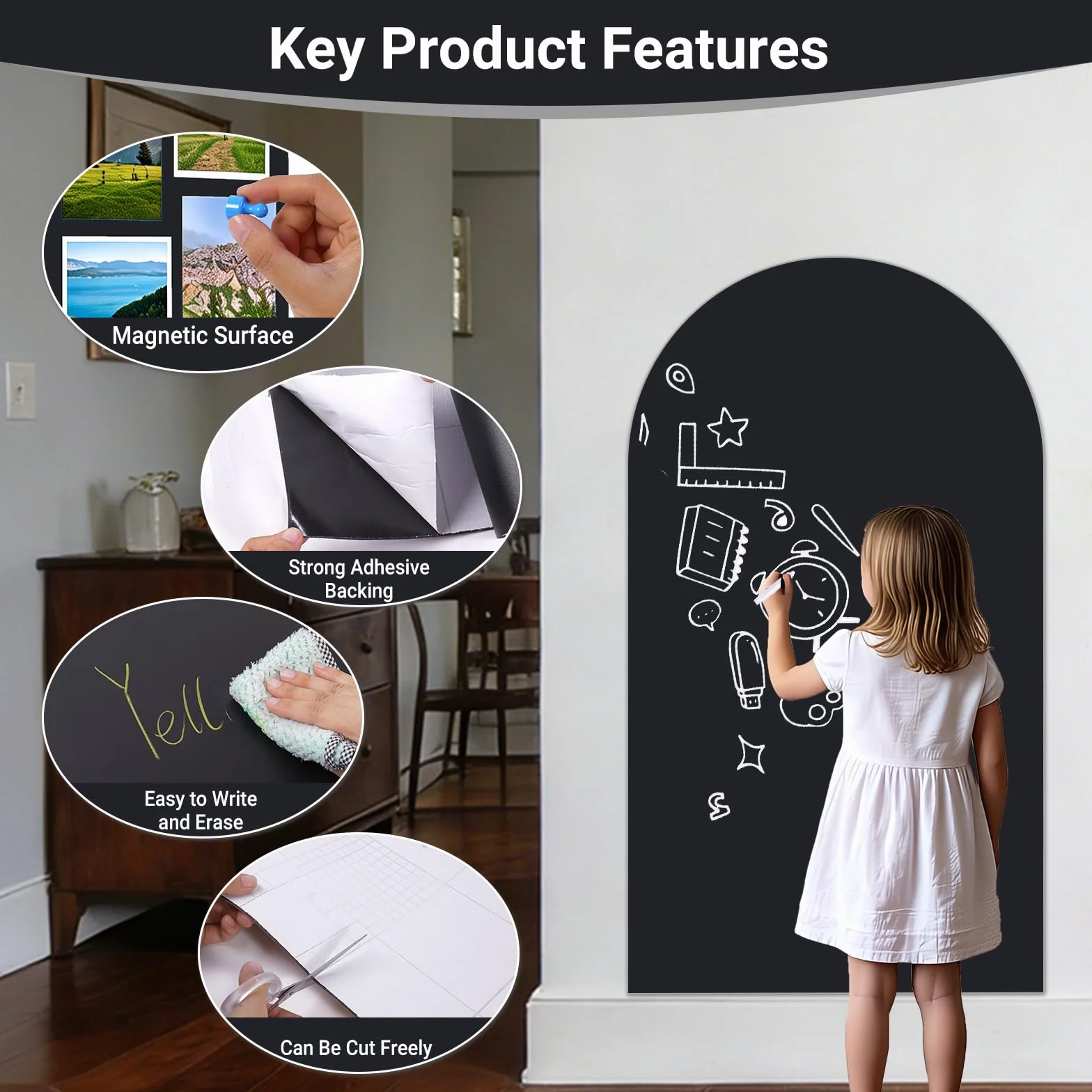 Pizarra Magnética Adhesiva de Pared Diseño Arco 80 x 40 cm – Pizarra Negra Borrable en Seco con Superficie Magnética, Incluye Tizas, Imanes y Paño – Hogar, Escuela y Oficina (Negro)