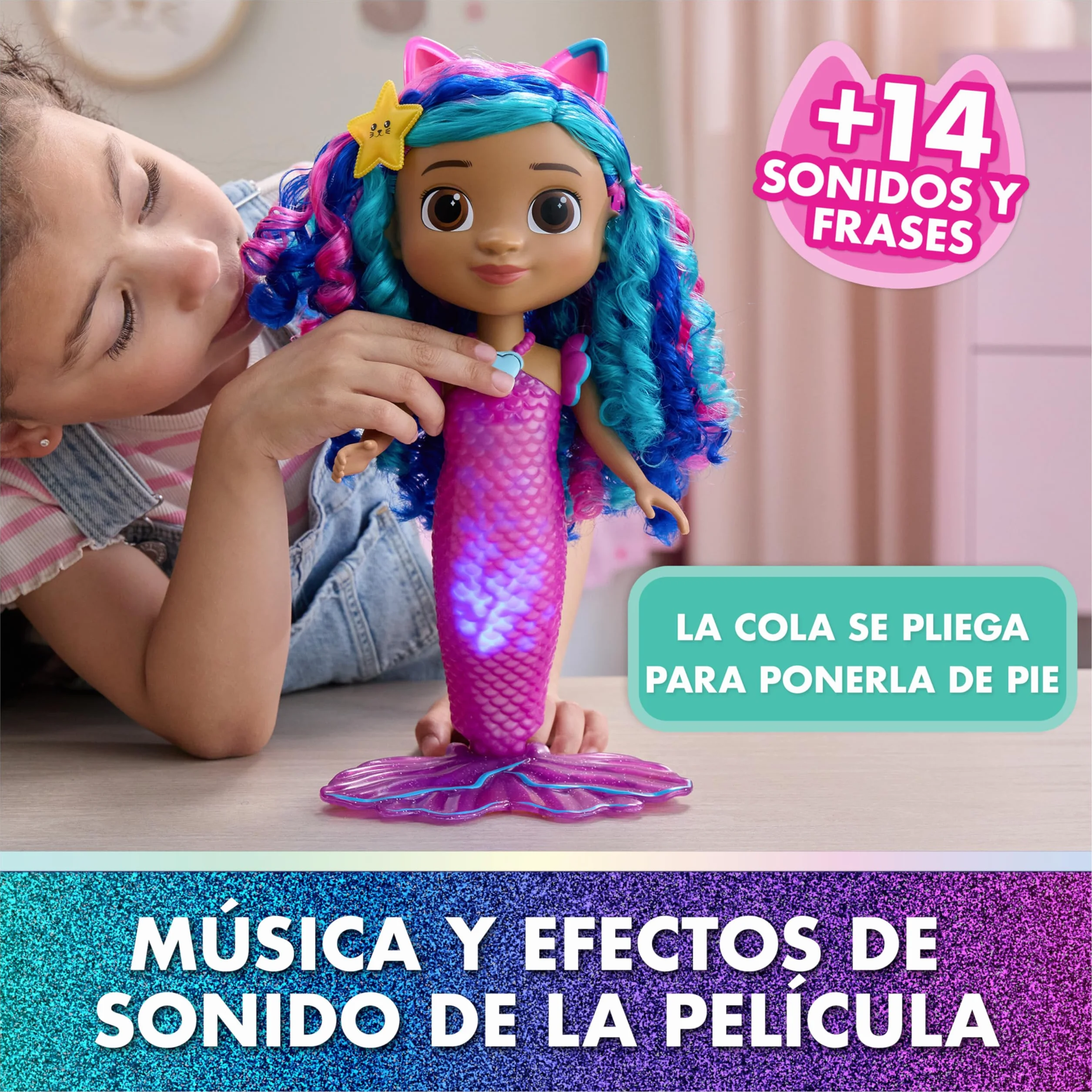La Casa de Muñecas de Gabby - Muñeca Interactiva Gabby Sirena Canta y Brilla de la Película, con Luces y 14 Sonidos, Resistente al Agua y con Cola Que Cambia de Color - Regalo Niña 3 años +