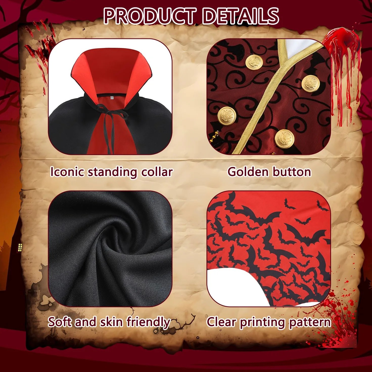 Disfraz de vampiro para niños, disfraz gótico de Halloween con accesorios de lujo, bastón que brilla en la oscuridad, dientes CA002XS