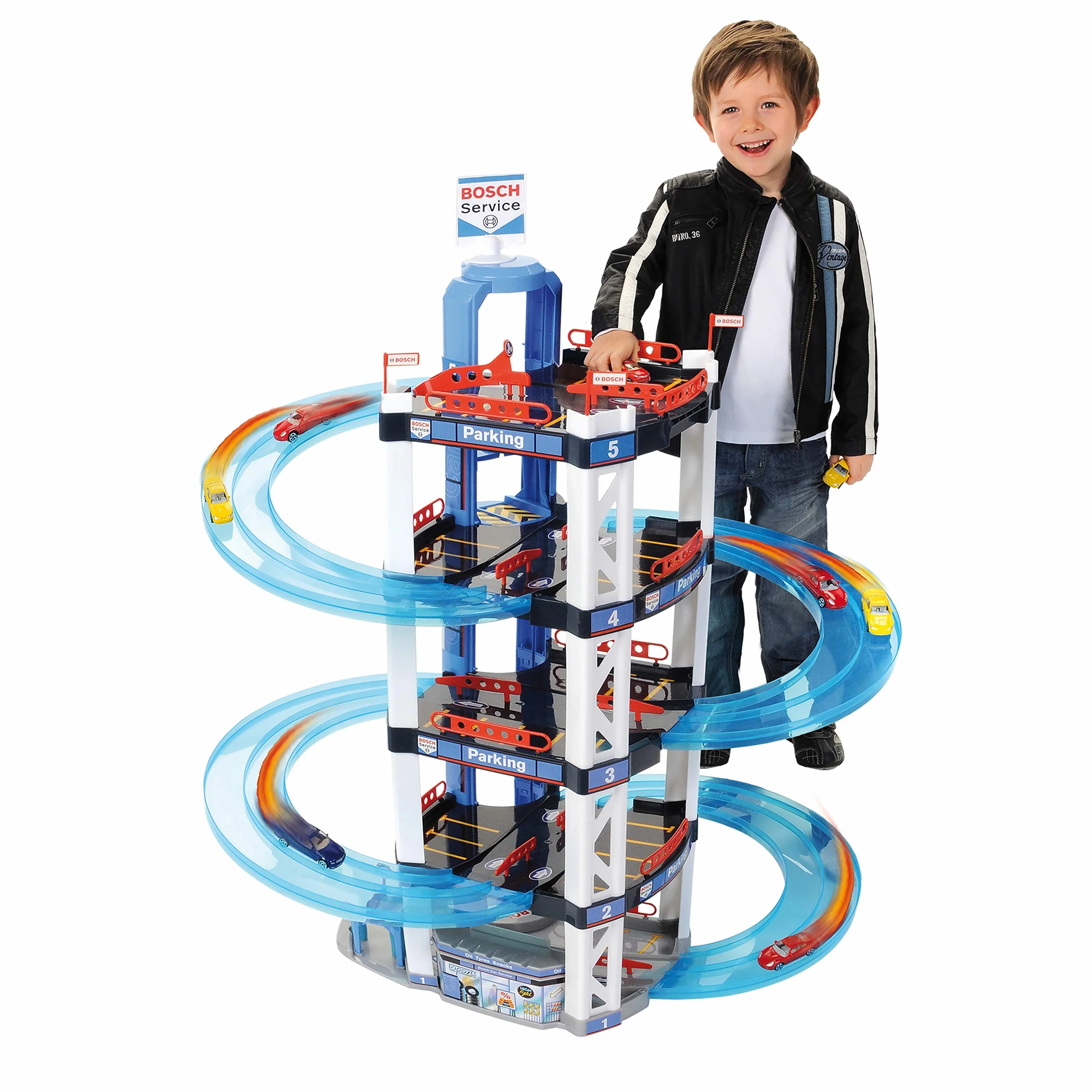 Theo Klein 2813 Aparcamiento Bosch Car Service, con 5 Plantas, Doble rampa de Salida, 2 Coches de Carreras, Ascensor y Mucho más, Medidas 55 cm x 55 cm x 85 cm, Juguete para niños a Partir de 3 años