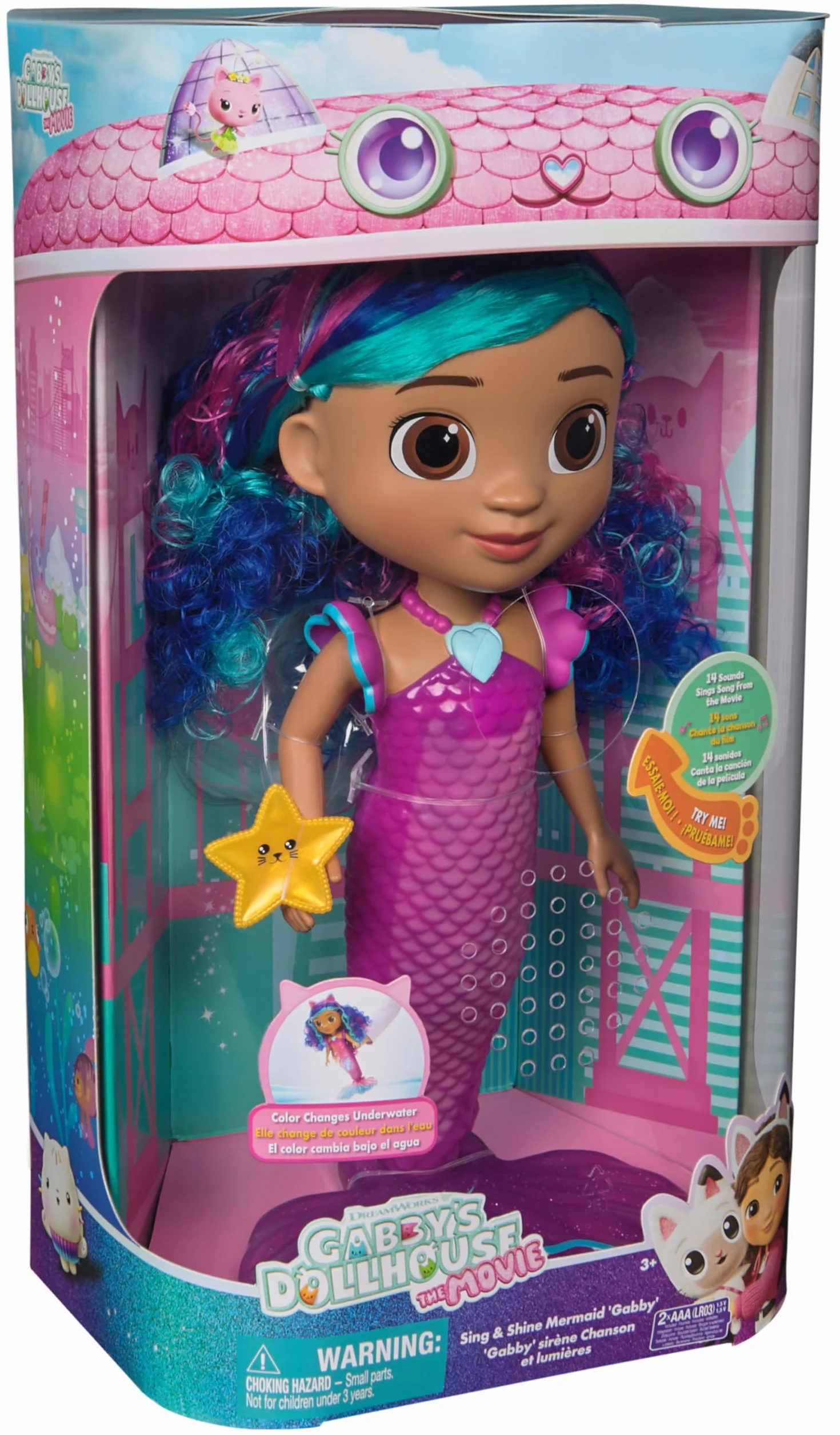 La Casa de Muñecas de Gabby - Muñeca Interactiva Gabby Sirena Canta y Brilla de la Película, con Luces y 14 Sonidos, Resistente al Agua y con Cola Que Cambia de Color - Regalo Niña 3 años +