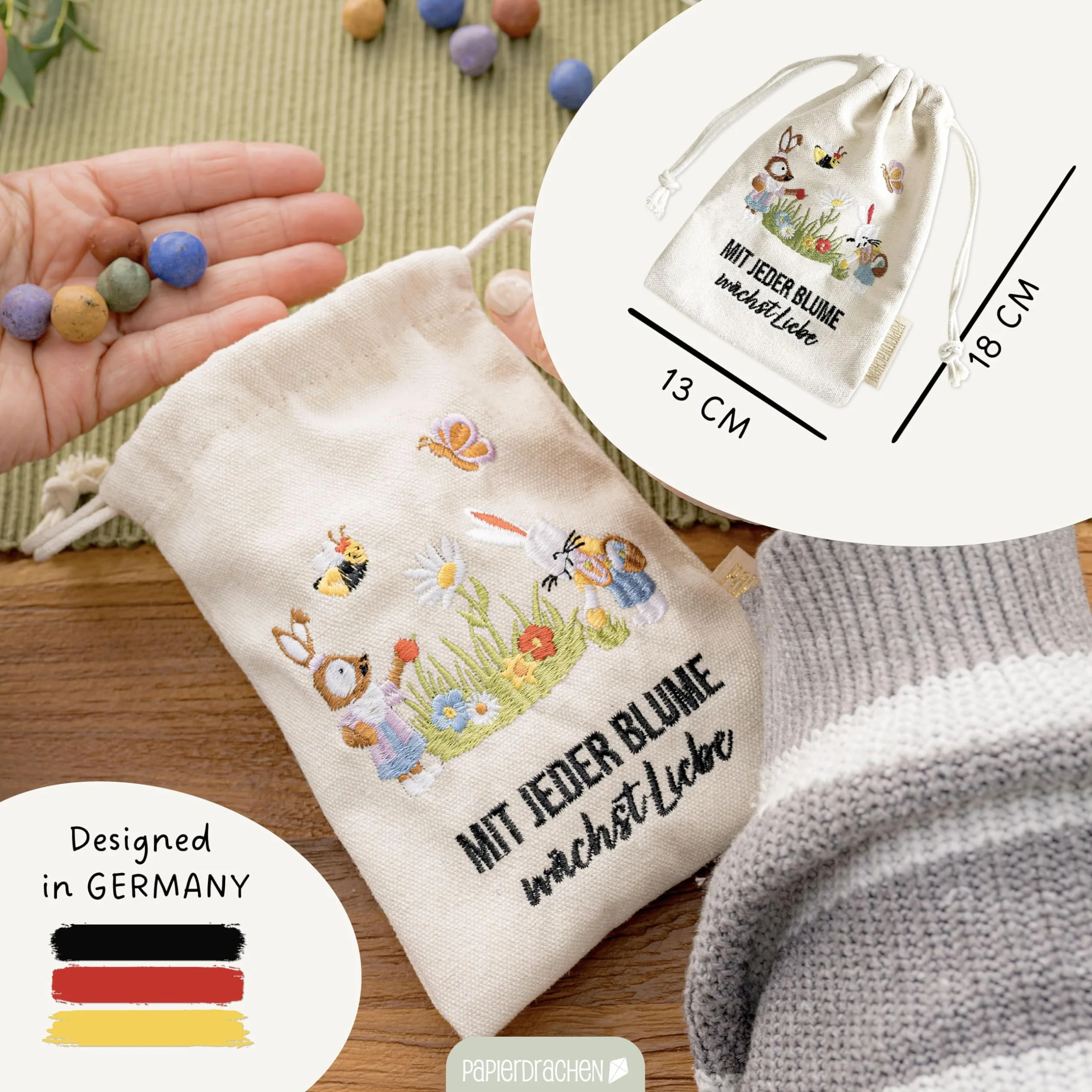 Papierdrachen 20 bolas de flores con saquito de conejo de Pascua – Semillas de flores – Pascua – Bordado colorido – Abejas – Regalo sostenible