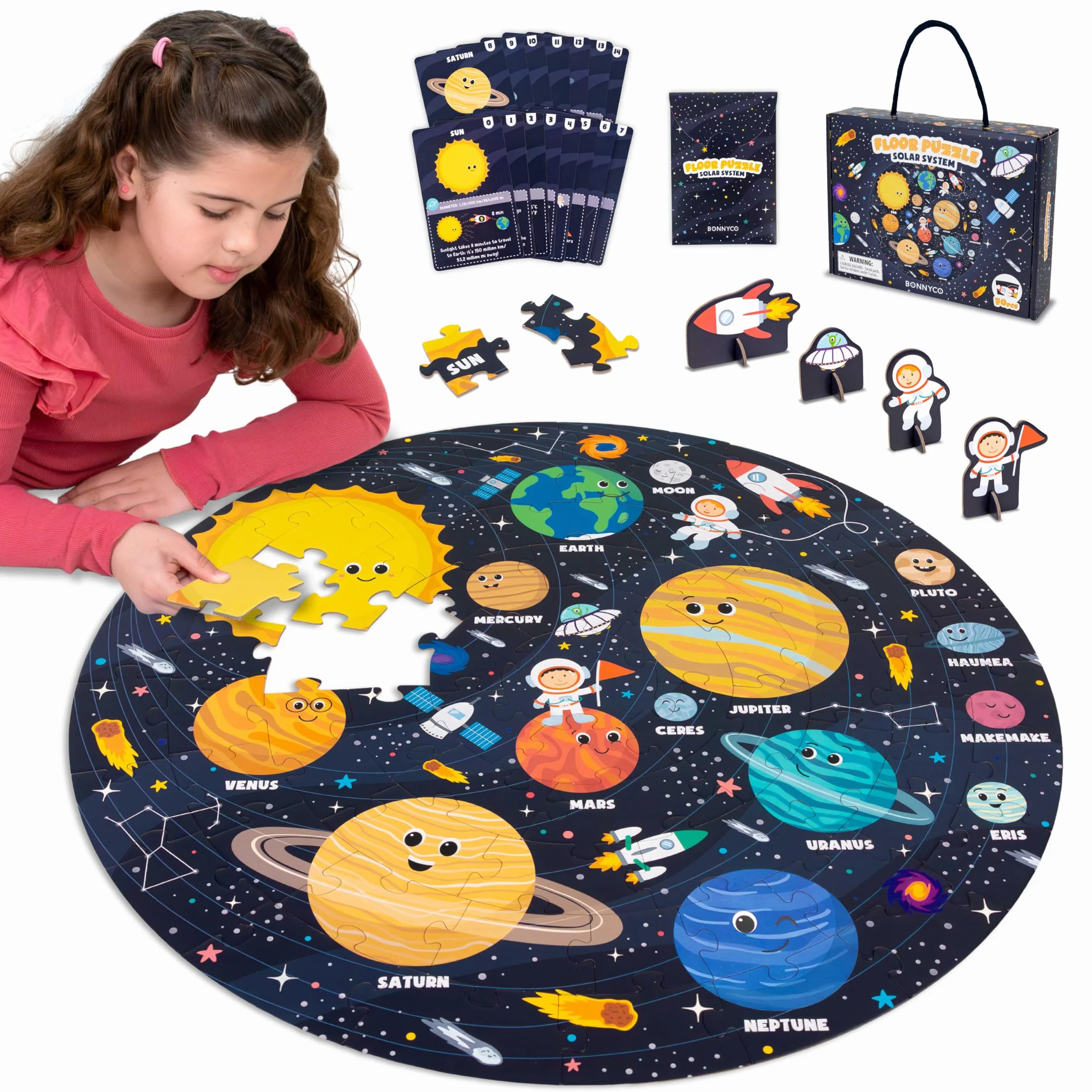 BONNYCO Puzzle XXL Sistema Solar 70 Piezas 58x58 cm Rompecabezas Redondo Planetas Juegos Educativos Niños 4 Años