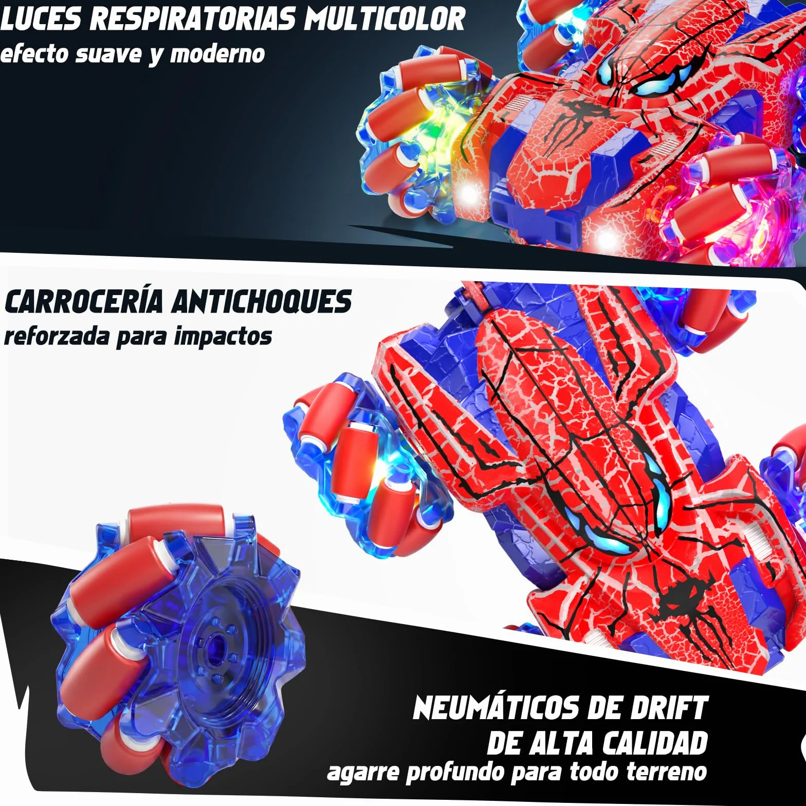 Spider Coche Teledirigido con Reconocimiento de Gestos a Partir de 4 5 6 7 8 9 10 11 12 años, Coches RC Doble Cara con Iluminación Completa, 2,4 GHz Coche Stunt RC Recargable con Mando a (Rojo)