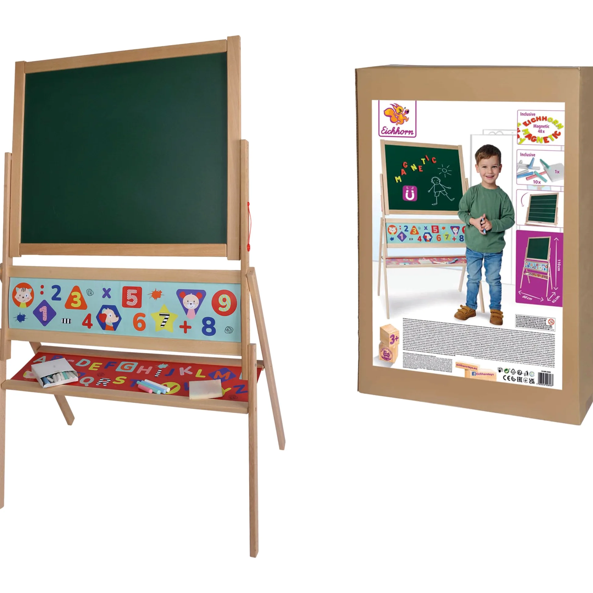 Eichhorn - Pizarra magnética de pie, pizarra infantil con 48 letras magnéticas, 10 tizas, esponja, se puede escribir en ambos lados, con estante, giratorio, 60 piezas, 66 x 110 cm, de madera de haya,