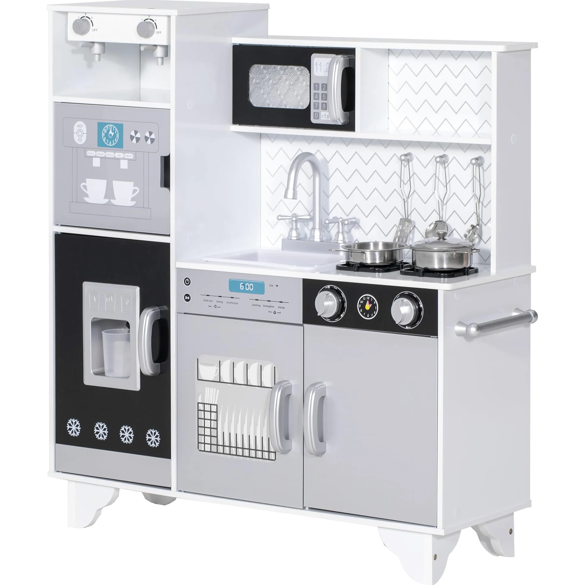 AIYAPLAY Cocina de Juguete de Madera con Sonido 79,5x24x83,8 cm Blanco | Cocinita Infantil, Accesorios de Acero Inoxidable, Microondas, Máquina de Hielo, Cafetera, Lavavajillas