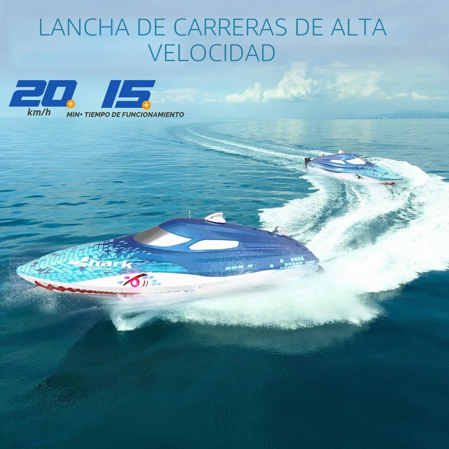 DEERC RC Boat con iluminación LED, barco tiburón teledirigido para piscinas y lagos, más de 20 km/h, barco de carreras de 2,4 GHz, juguete de piscina para niños a partir de 8 años