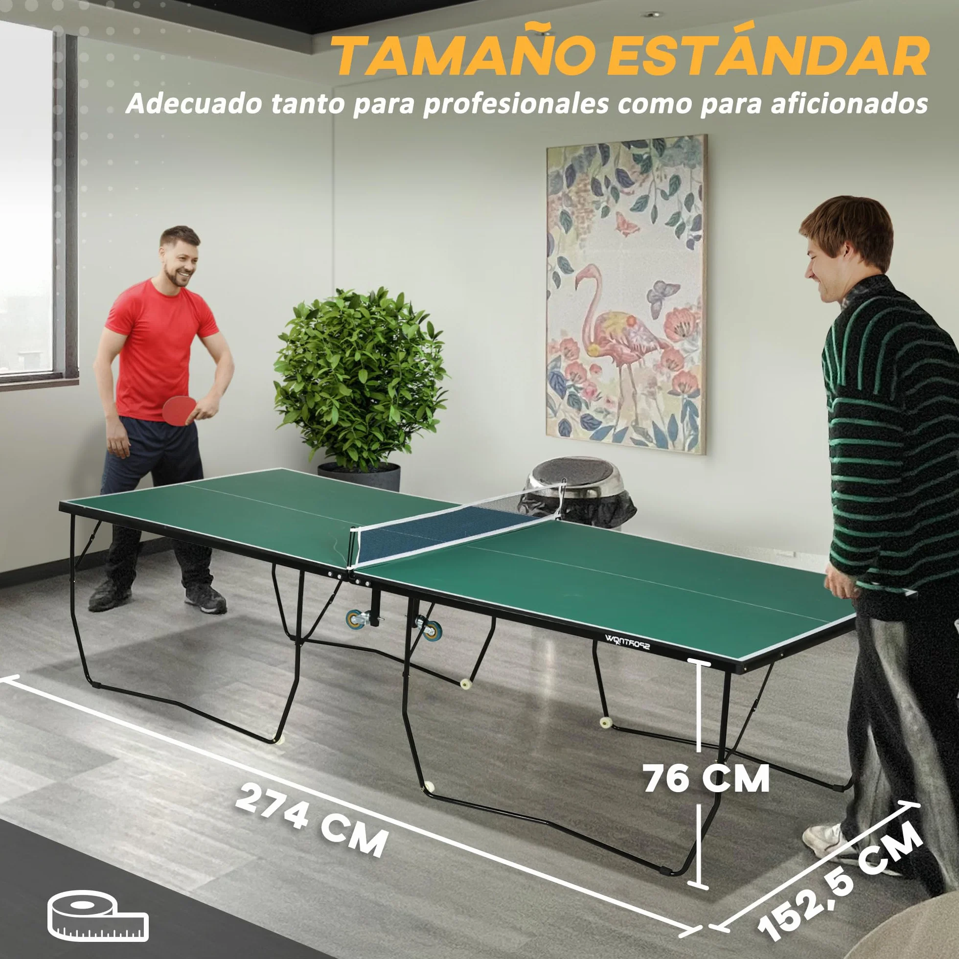 SPORTNOW Mesa de Ping Pong Plegable Profesional Tamaño Estándar con Red Paletas 3 Pelotas 274x152,5x76 cm Verde