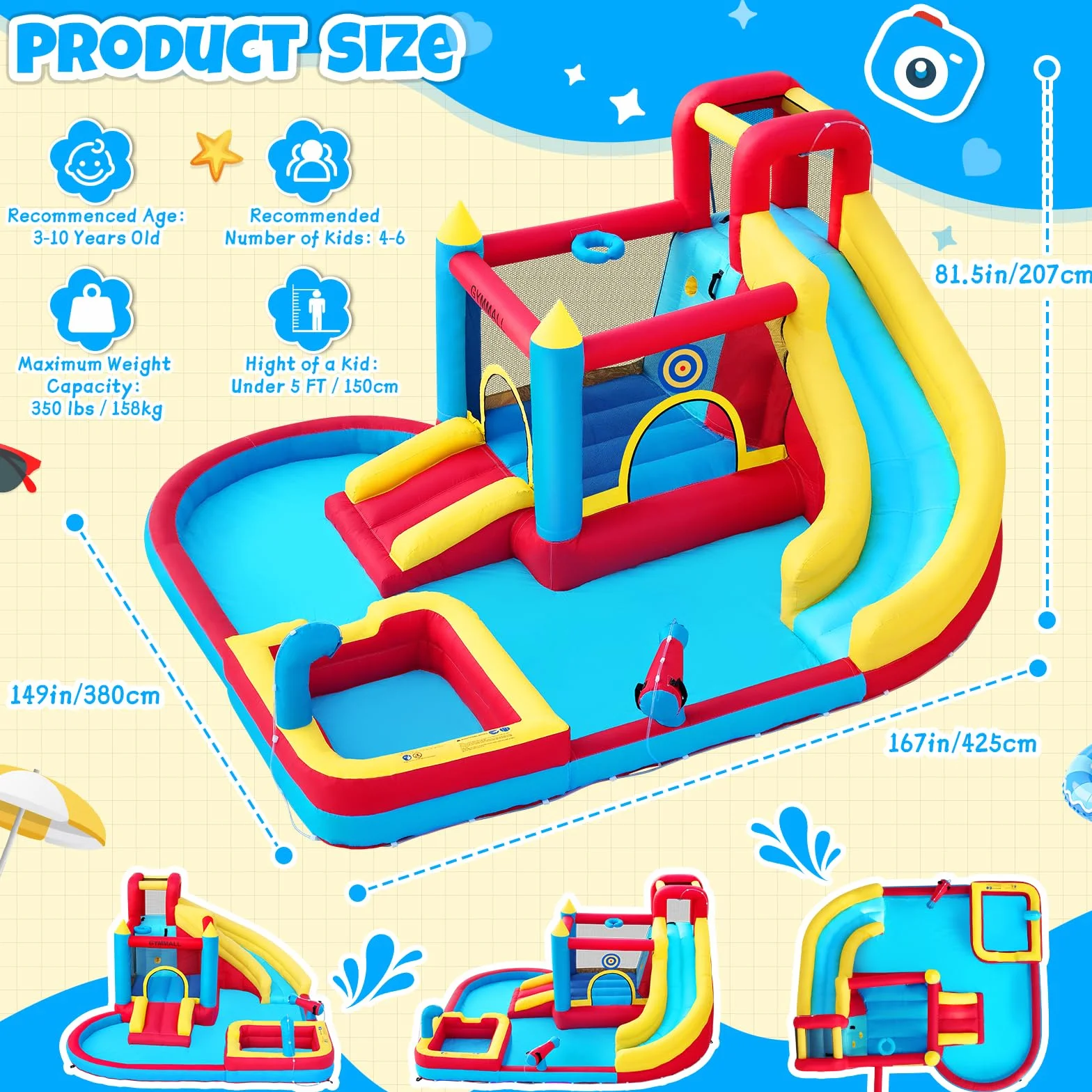 Castillo Hinchable para Niños, 8 en 1 con Soplador 480W, Tobogán Largo, Pared de Escalada, Trampolín y Zona de Chapoteo, Ideal para Uso Interior y Exterior en Vacaciones