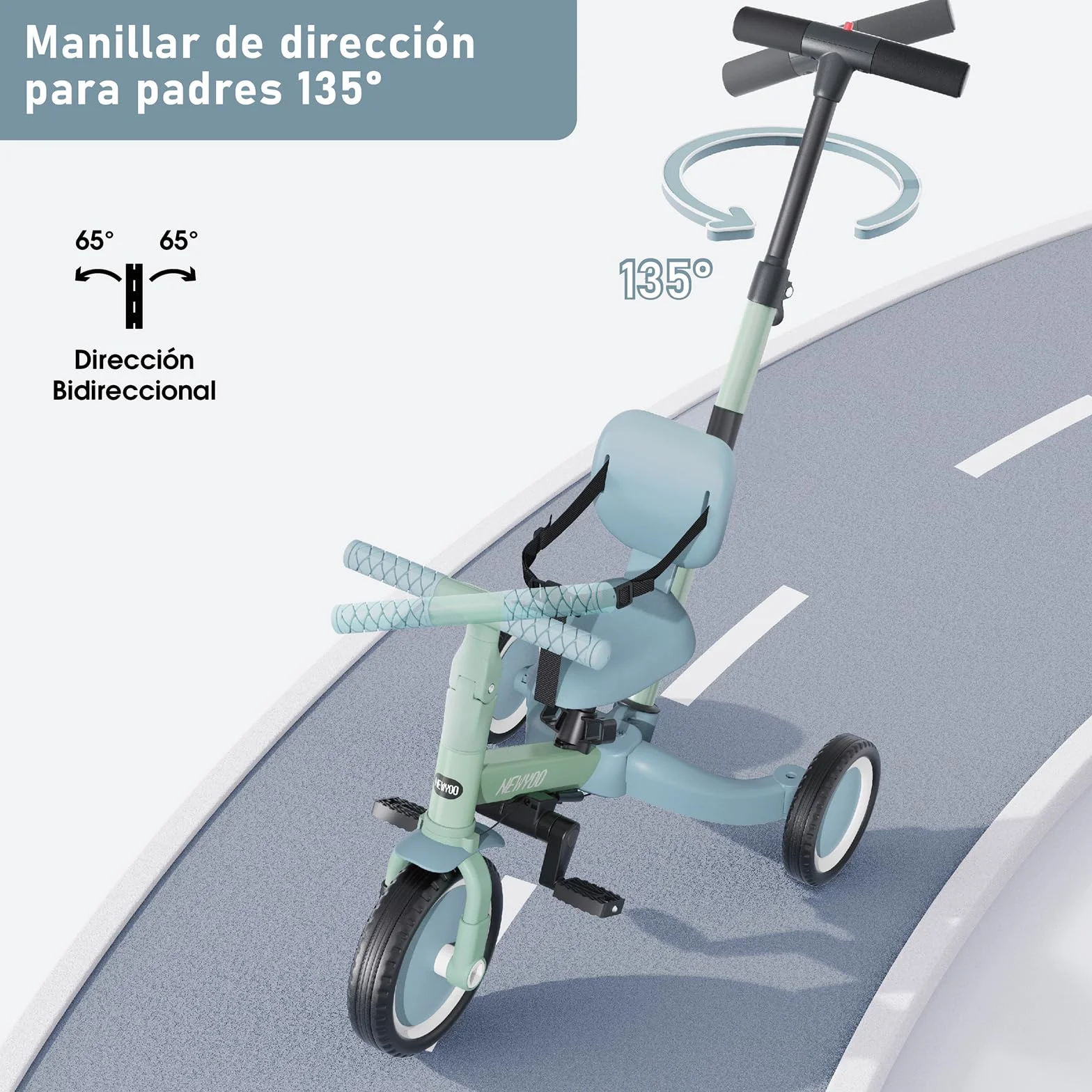 newyoo TR007 Triciclo Evolutivo 5 en 1 para Bebé 1-3 Años con Barra de Seguridad y Empuje, Regalo Infantil con Pedales y Modo Bicicleta, Verde