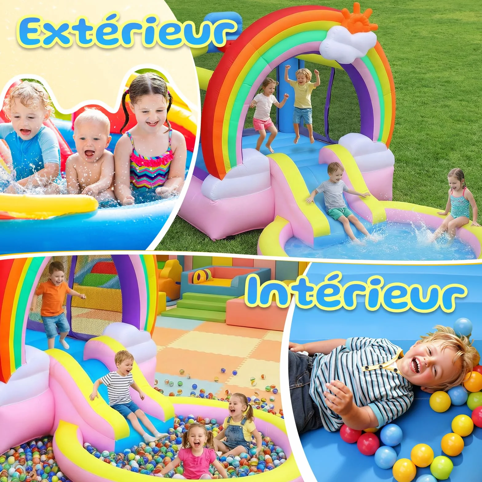Bonnlo Tobogán Hinchable Infantil con Piscina, 370x192x192 cm, Cama Elástica y Diseño Arcoíris Nubes, Parque Inflable para Jardín Exterior e Inretior, Oxford 420D+840D