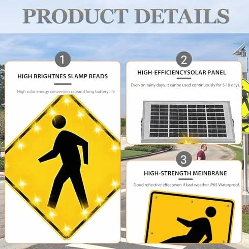 Semáforo LED, señal solar de cruce de peatones, advertencia de tráfico parpadeante para aceras y carreteras, aluminio duradero resistente a la intemperie, paquete de 2, sistema de alerta de seguridad