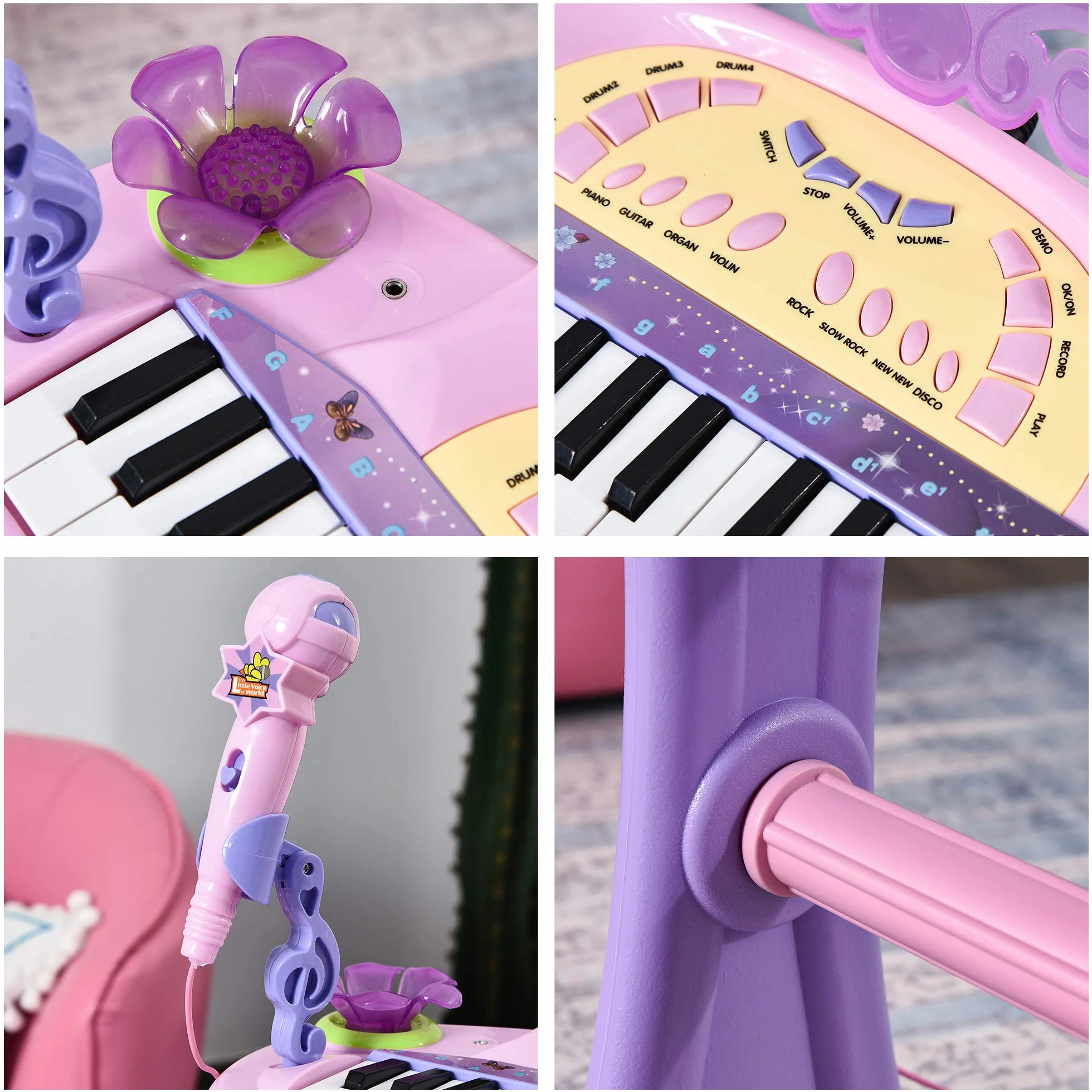 HOMCOM Teclado Electrónico Infantil 32 Teclas Juguete Musical Piano Infantil Piano para Niños con Micrófono Taburete Luces Variedad Sonidos Rítmos Melodias MP3 Karaoke Modo de Enseñanza Rosa