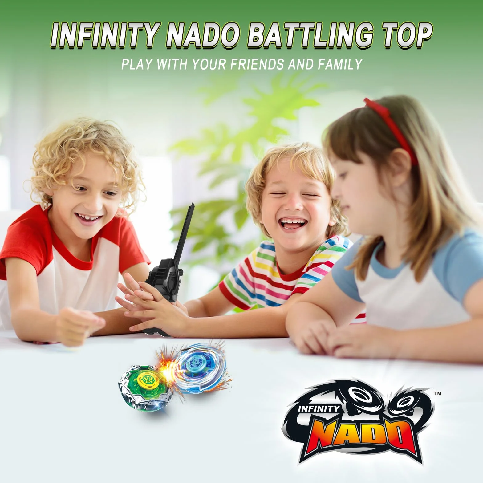 INFINITY NADO S7 Peonza 2PCS con 2 Rack Lanzadores, peonzas metálica Tipo equilibrado/Resistencia Rotación Derecha, Juguete para niños y niñas 5-12 años, Azul y Verde