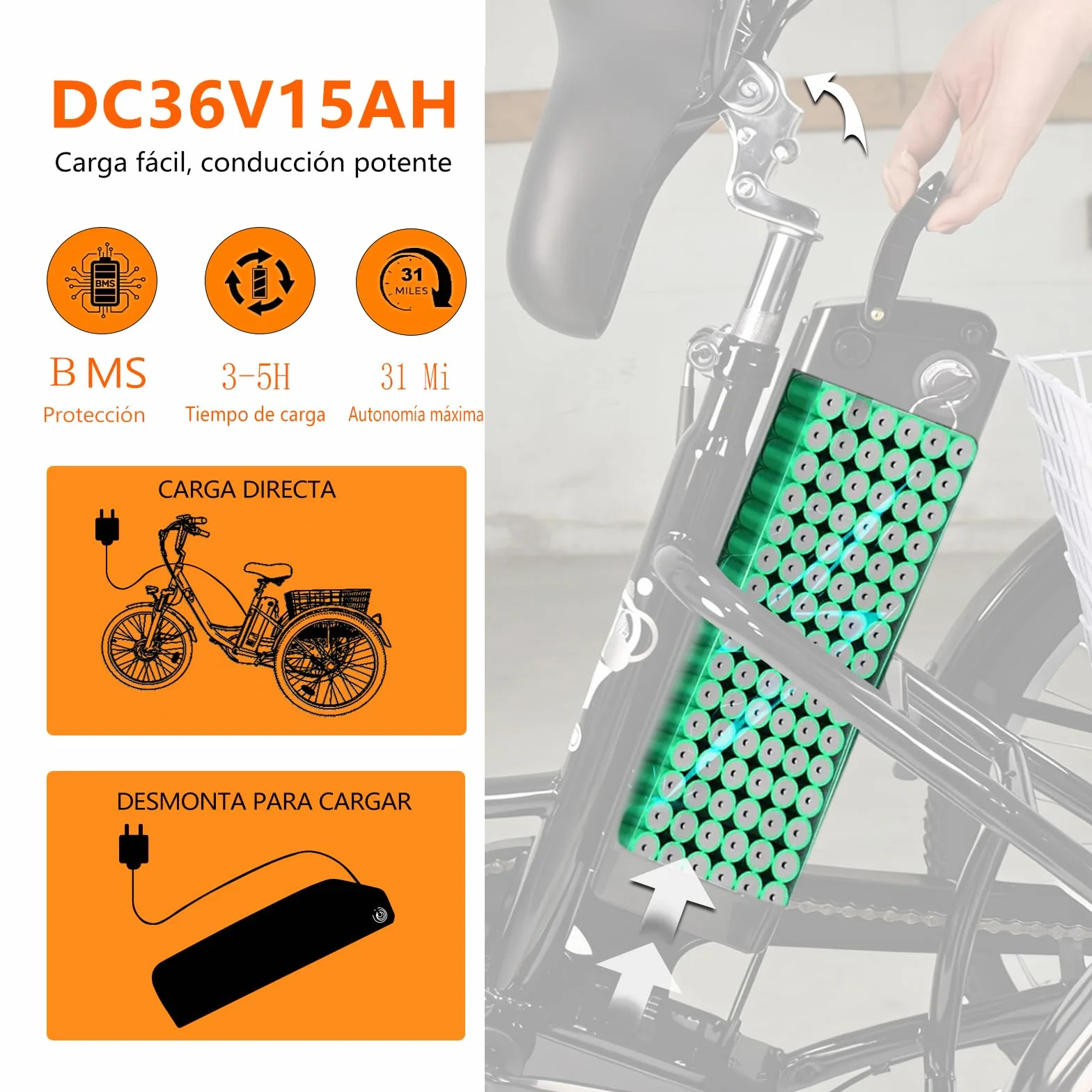 Triciclo eléctrico para adultos, 24 pulgadas, plegable, para hombre y mujer, 3 ruedas, con batería de litio de 36 V, 15 Ah, motor de 250 W, pantalla LCD, velocidad 25 km/h