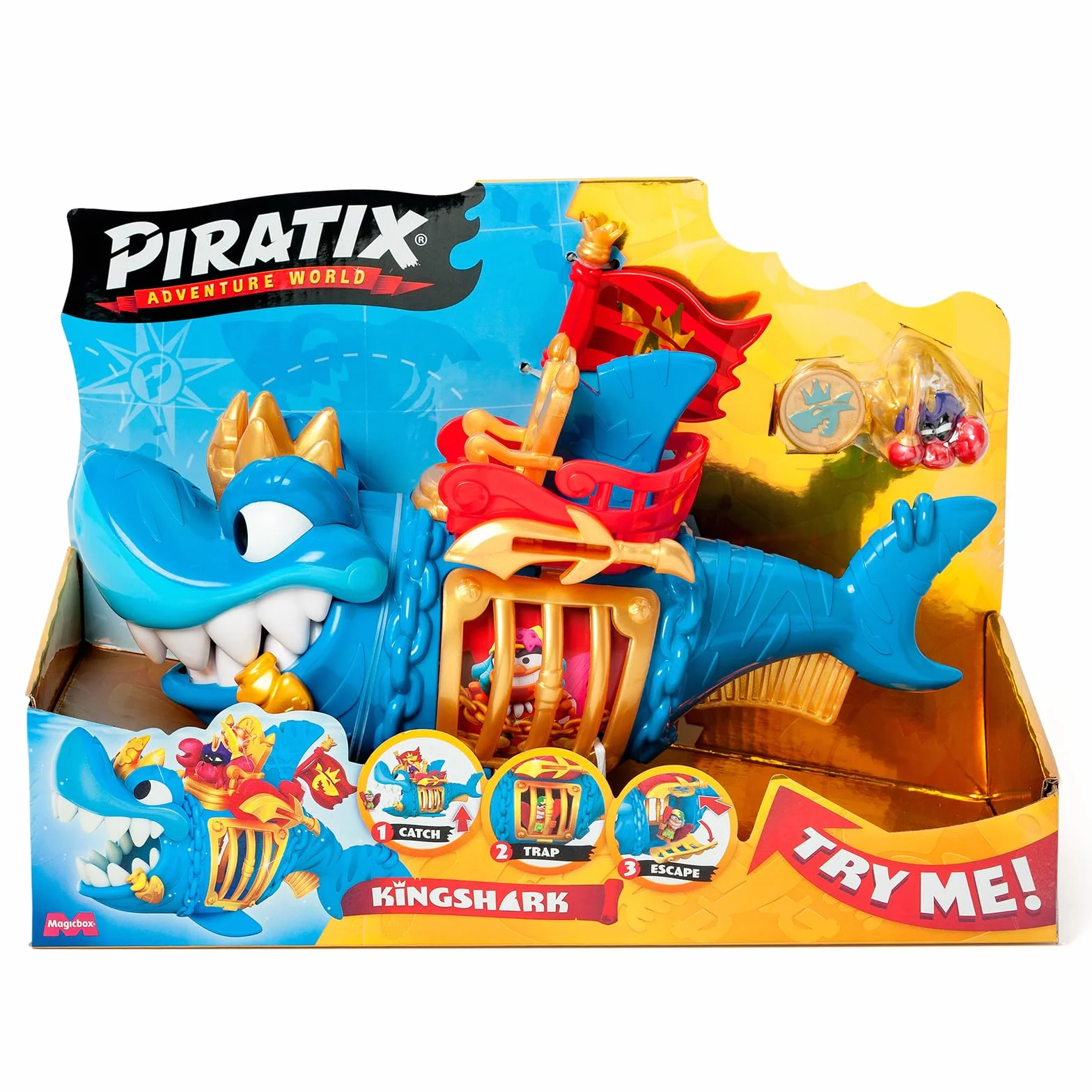 PIRATIX Adventure World King Shark Tiburón articulado con Jaula para capturar Piratix rivales Incluye tiburón Tesoro Exclusivo Piratix Exclusivo y Accesorio