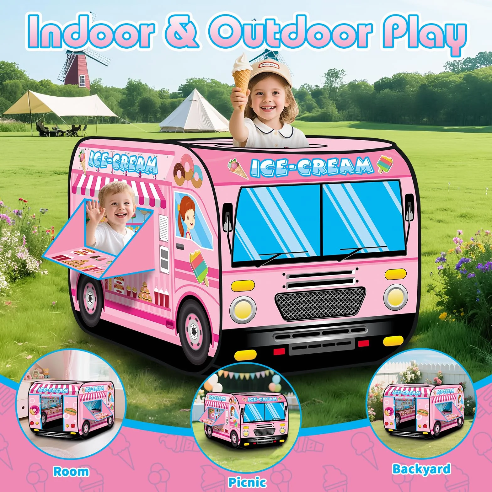 deAO Casita de Juegos Carpa Infantil Tienda con Diseño Pop Up Auto Armable Montaje Rápido Actividades Recreativas al Interior Exterior Área de Recreo (Heladería, Camión de los Helados)