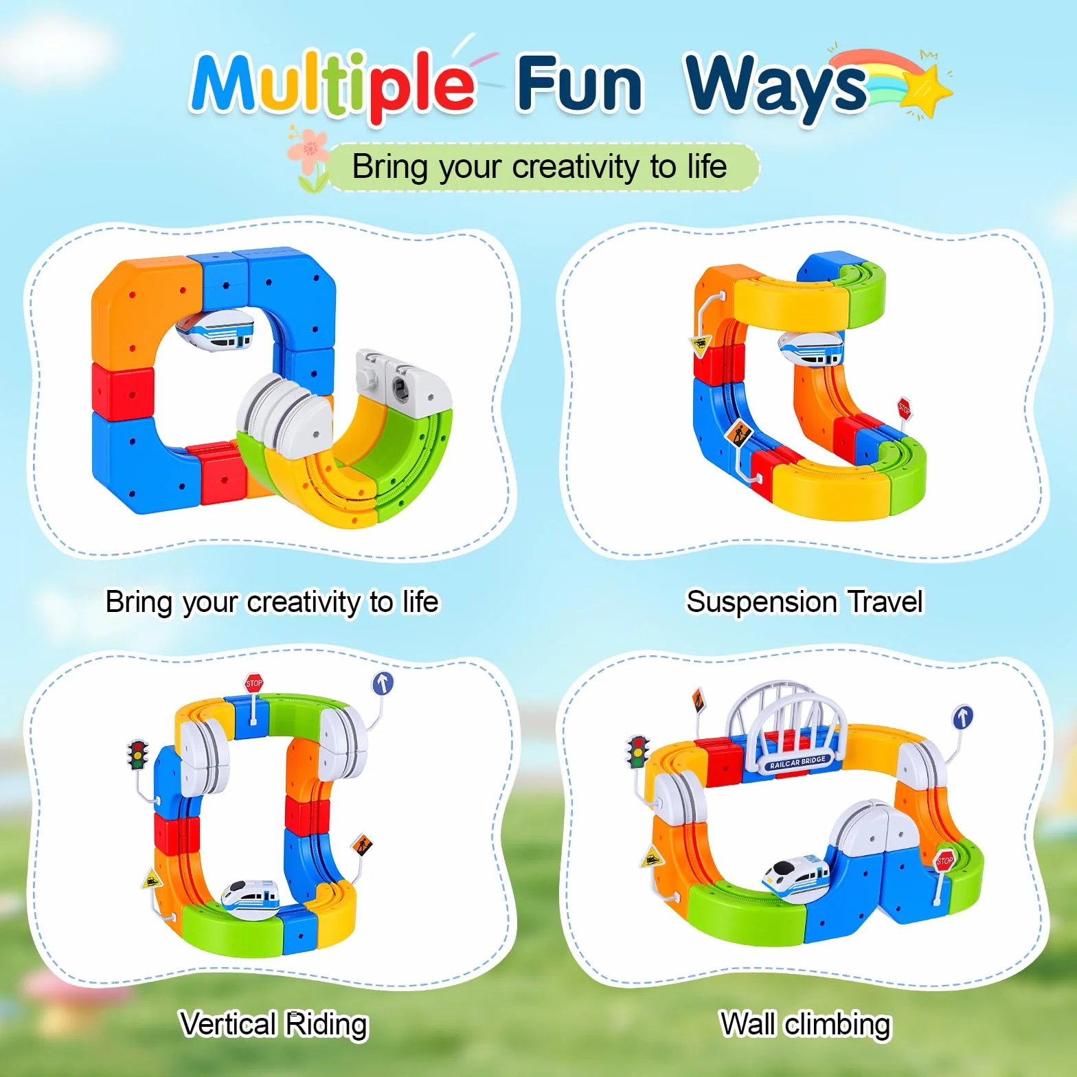 Tren Eléctrico Niños 82 Piezas con 1 Tren – Pista 3D Antigravedad klick-Rail, Bloques de Construcción DIY Cube Track, Juguete Educativo Stem para Niños de 4 a 8 Años