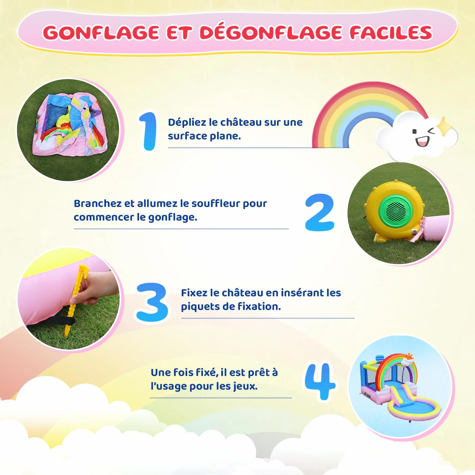 Bonnlo Tobogán Hinchable Infantil con Piscina, 370x192x192 cm, Cama Elástica y Diseño Arcoíris Nubes, Parque Inflable para Jardín Exterior e Inretior, Oxford 420D+840D