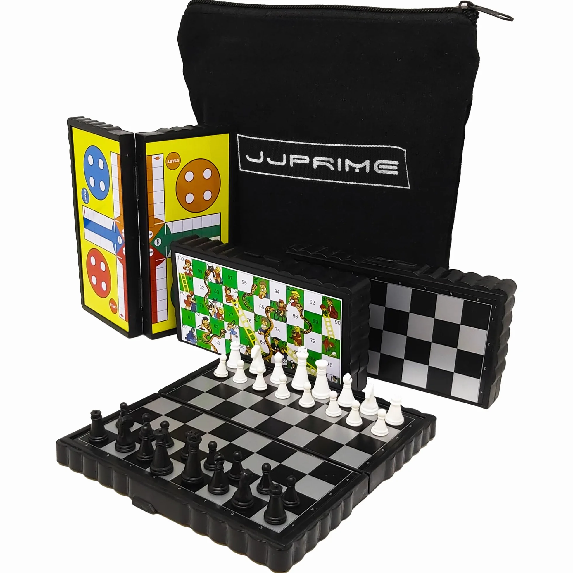JJPRIME 4 Juegos de Mesa de Viajes Clásicos Damas y Escaleras Ajedrez Ludo Mini Juego de Dados Magnéticos Cajas Plegables