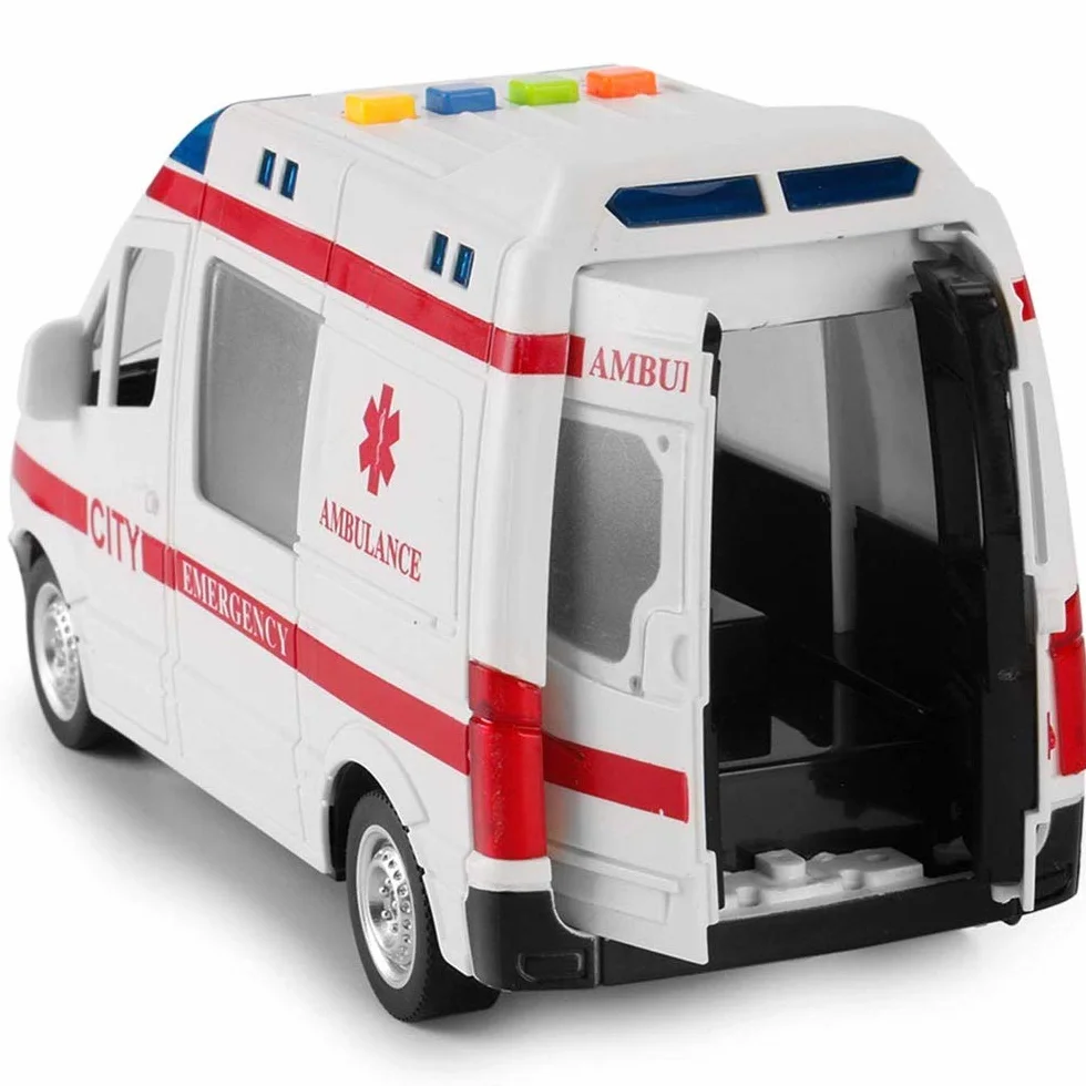BAKAJI Ambulancia - Juguete para niños con Movimiento de Embrague, Sirena Que Funciona con Luces y Sonidos para Puertas Laterales y traseras Que se abren y se abren, camión Cuidado en Cada Detalle