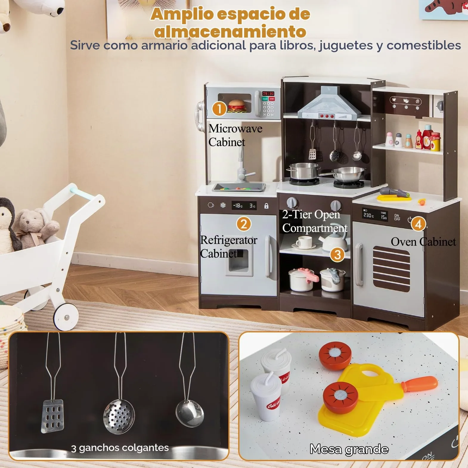 HOMASIS Juego de Cocina para niños, Cocina Infantil con Sonidos y Luces simuladas, teléfono, microondas, cafetera, heladera y Horno, Cocina de Juguete para niños de 3+ años, 110x43x92cm (Marrón)