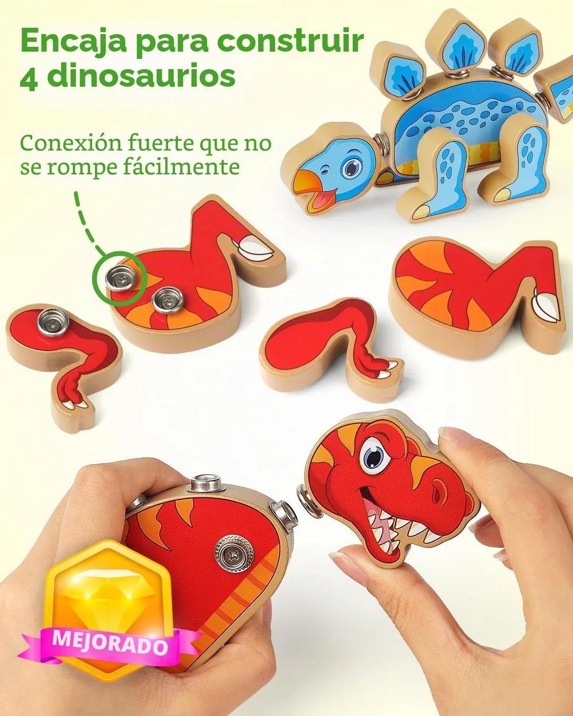 Coogam Juguetes de construcción de dinosaurio a presión, juego de dinosaurio de madera desmontable, STEM Montessori, juguete educativo de habilidades motoras finas, regalo para niños de 3, 4, 5 años