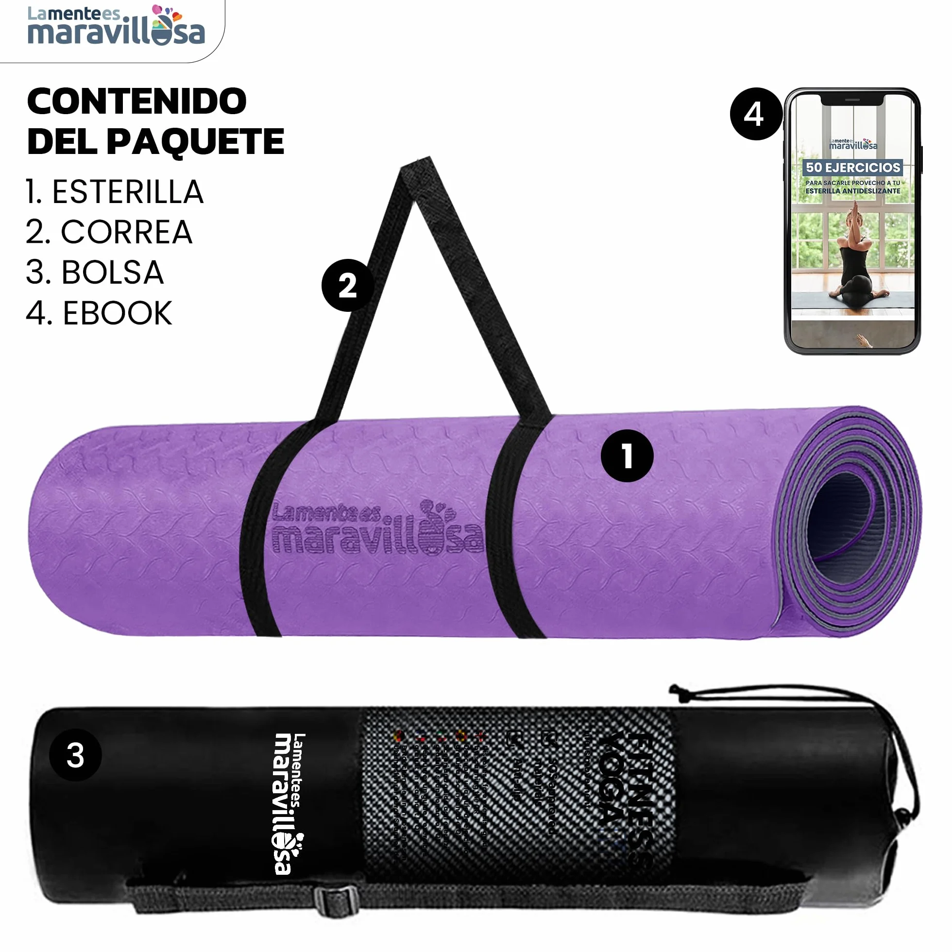 Esterilla de Yoga Pilates Fitness TPE Antideslizante Hipoalergénica 183x61 cm con Bolsa y Correa