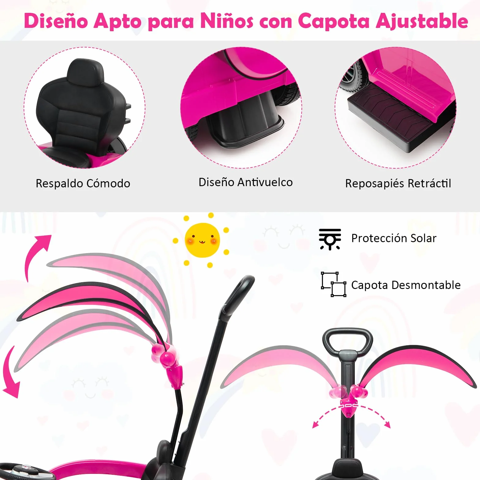 COSTWAY 3 en 1 Coche Correpasillos para Niños, Coche de Paseo Infantil Mercedes Benz con Toldo Ajustable, Manija para Padres, Barandilla para Apoyabrazos, Sonido del Motor y Bocina (Rosa)