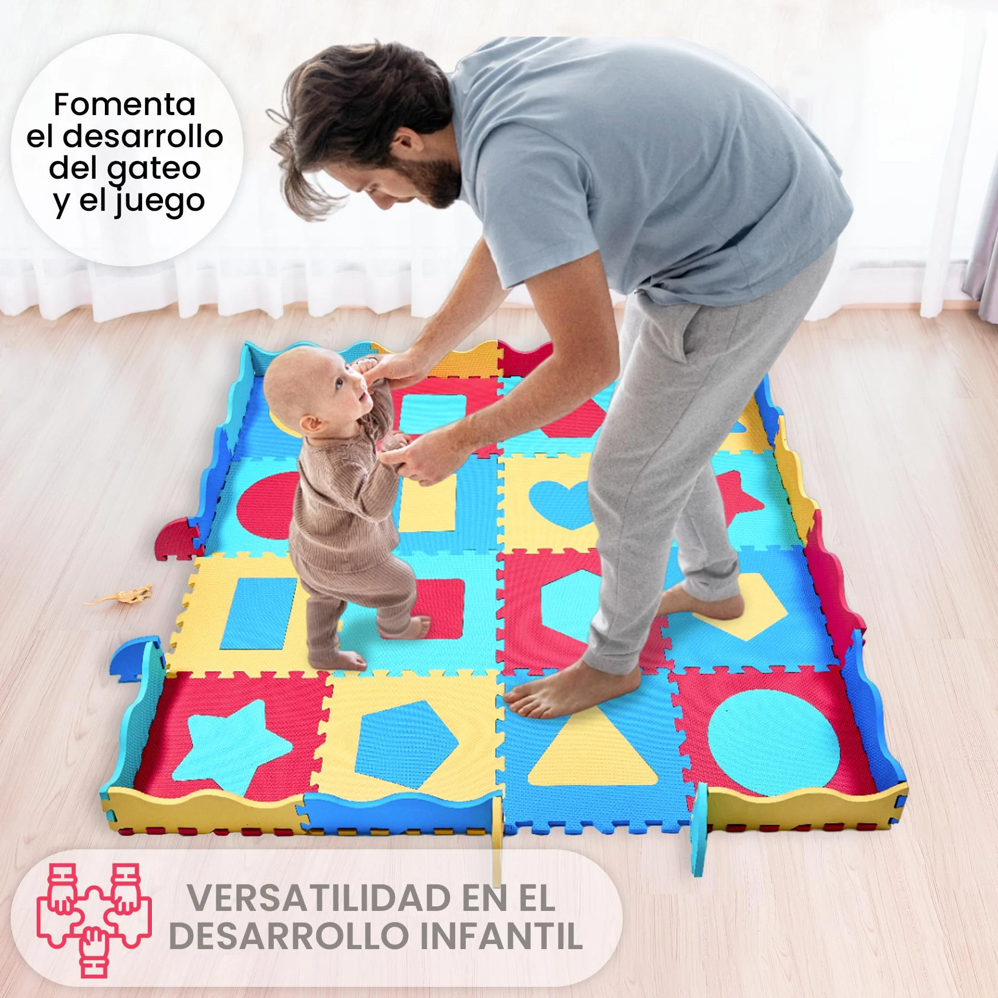 Alfombra Puzzle Bebé Goma EVA 140x140 cm con 36 Piezas Intercambiables, Bordes y Bolsa de Almacenaje