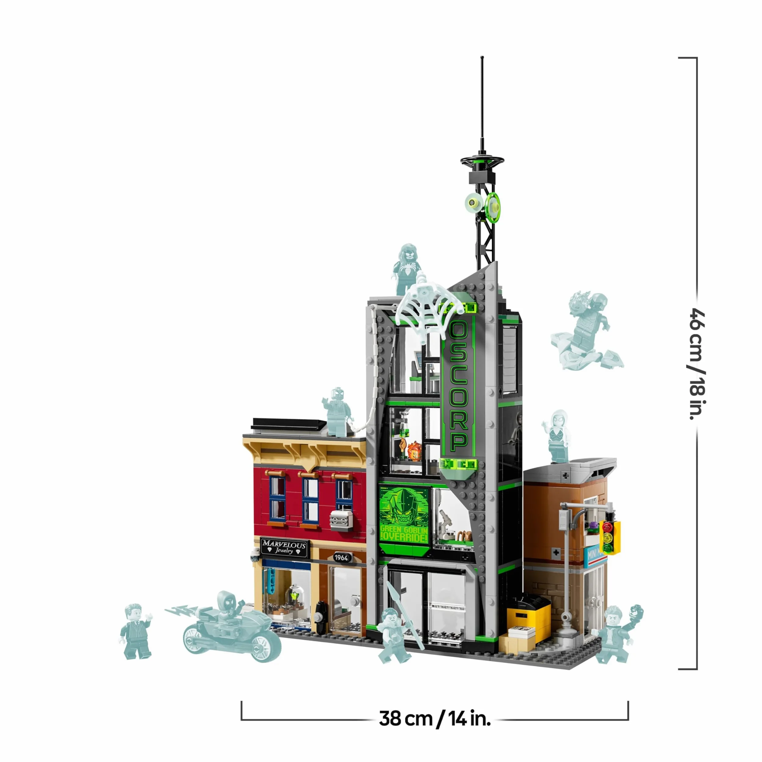 LEGO ǀ Marvel Spider-Man vs. Oscorp - Juguete Interactivo con Moto, 8 Minifiguras Inc. Miles Morales, Duende Verde y Spider-Woman - Regalo de Superhéroes para Niños de 10+ Años y Fans 76324