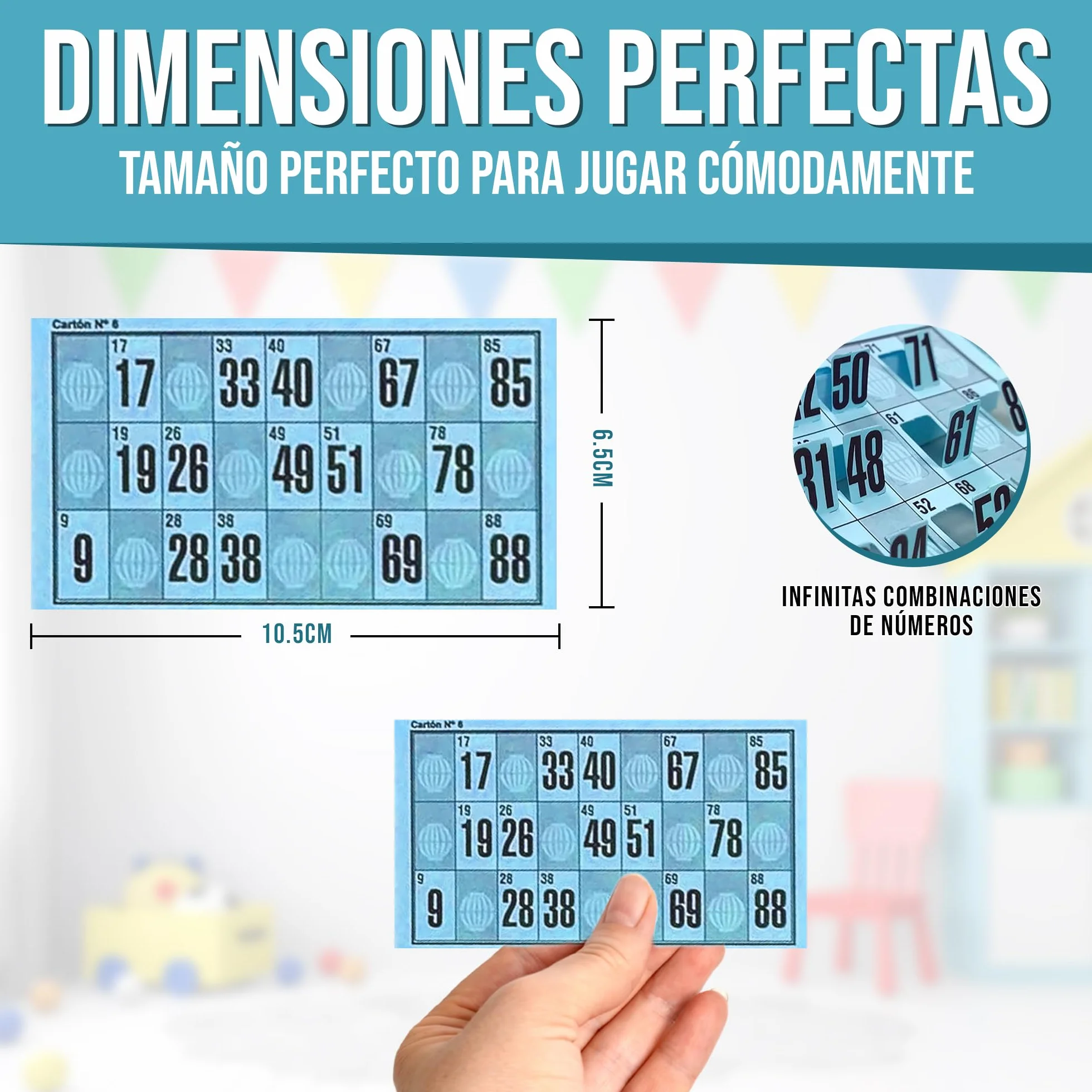 Cartones de Bingo Troquelados Reutilizables 90 Bolas – Serie Completa Numerada, Juego Tradicional para Eventos (Azul)